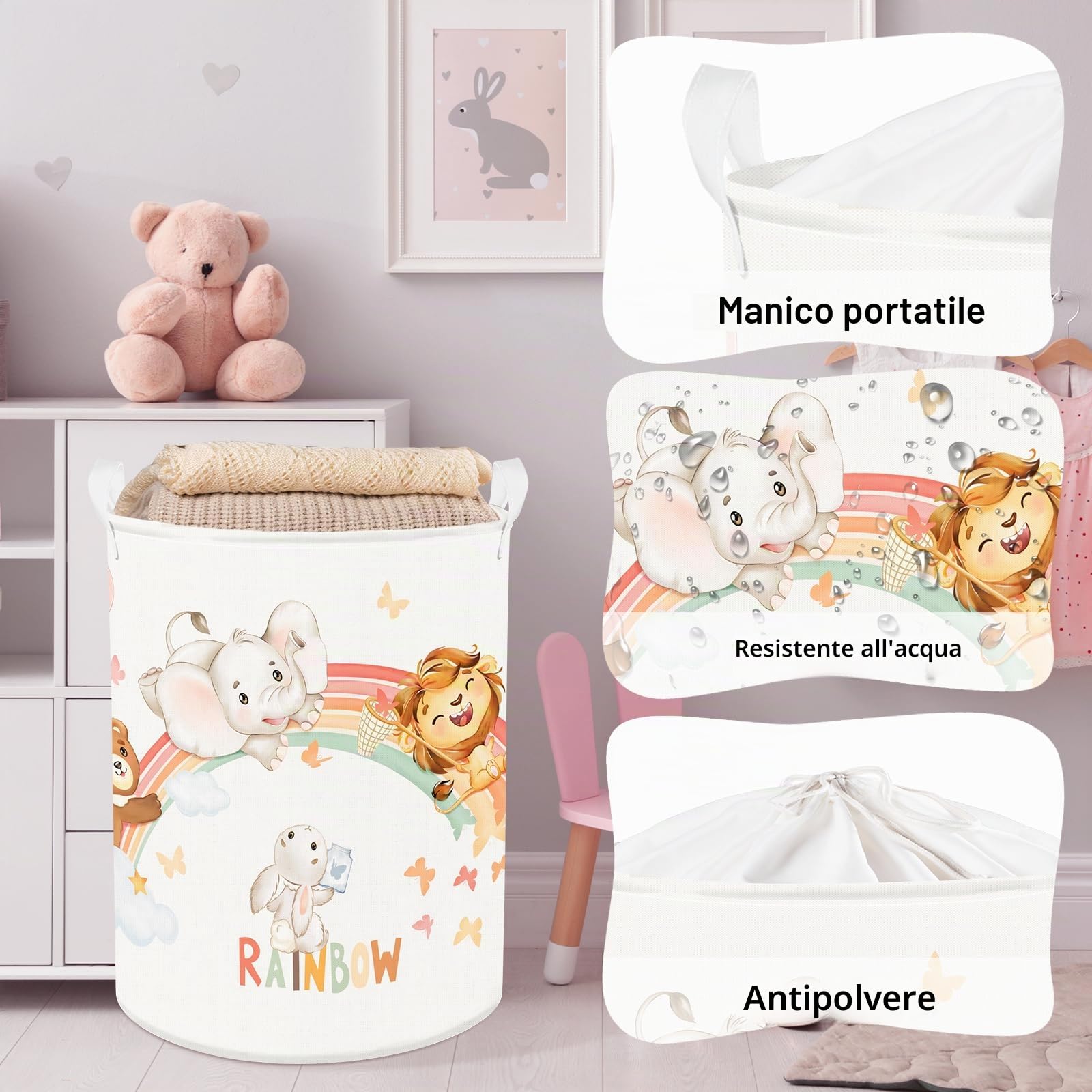 Clastyle Ceste Biancheria Bambini Animale Addormentato Cestino Giocattoli Vestiti Impermeabile per Ragazzo Ragazza Cestino Portaoggetti per Bagno Cameretta Bucato, Arcobaleno, 40x50 cm