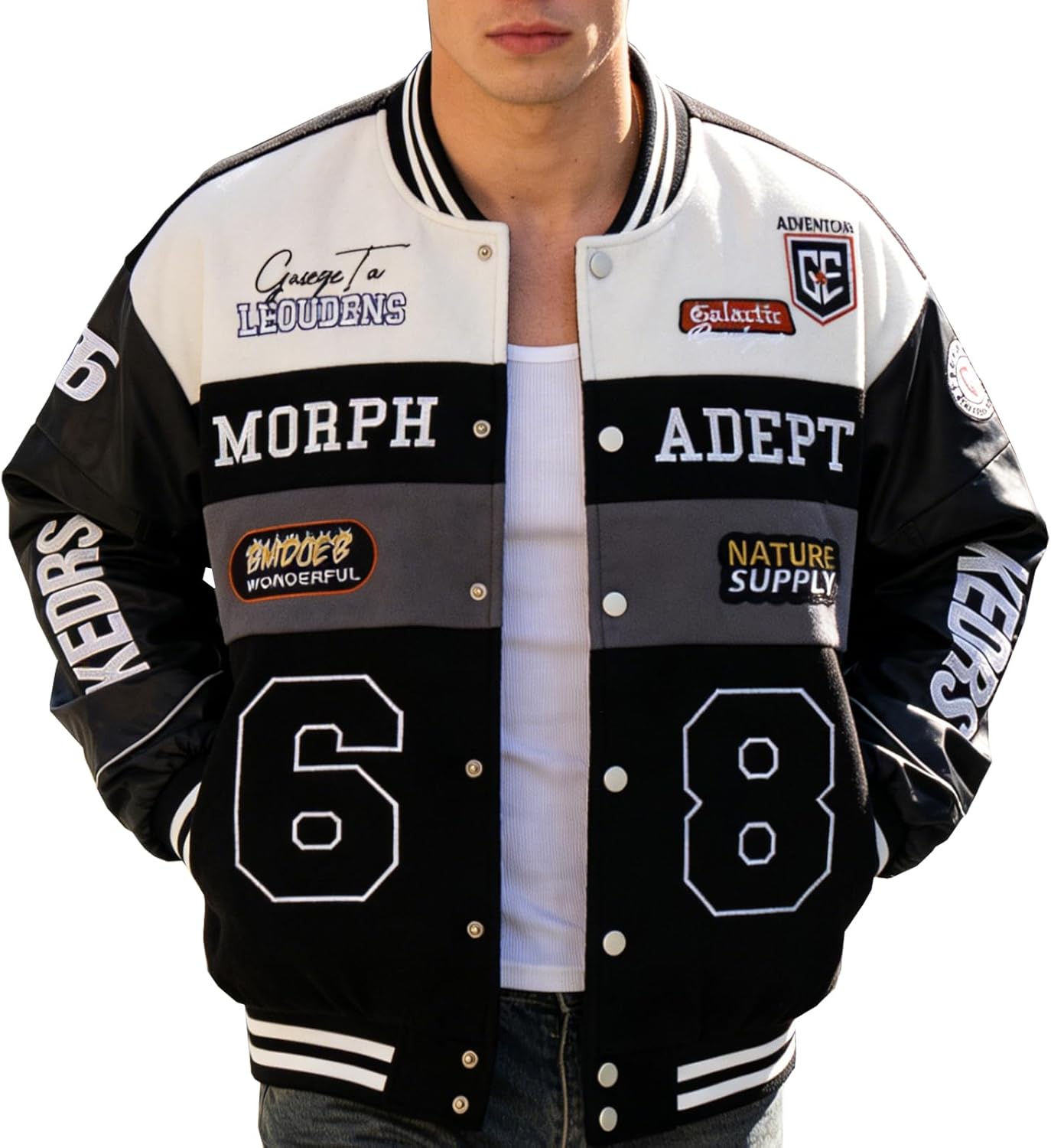 Racing Jacket Men's Bomber Jacket with Faux Leather Sleeves Baseball Style Varsity Jacket