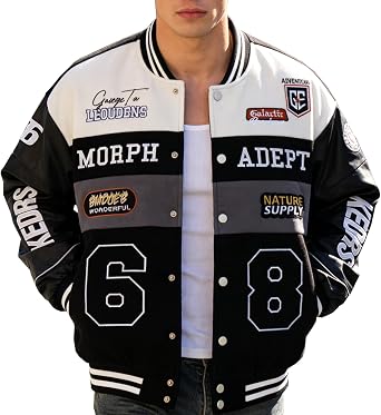 Racing Jacket Mens Bomber Jacket with Faux Leather Sleeves Baseball Style Varsity Jacket
