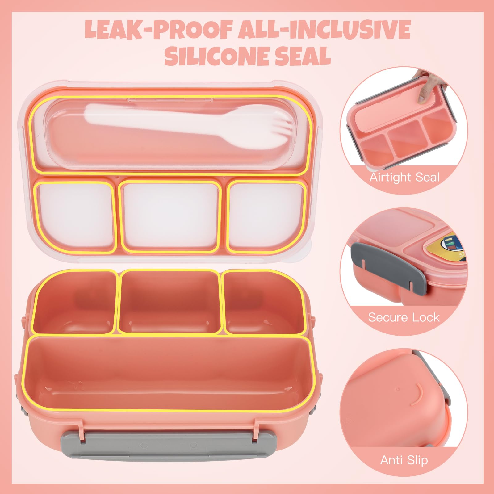 MaMix Bento Box Lunchbox für Erwachsene, Lunchbox, Kinder, inklusive Lunchtasche für Erwachsene/Kinder/Studenten, 1300 ml, 4 Fächer, Bento-Lunchbox (rosa Set)