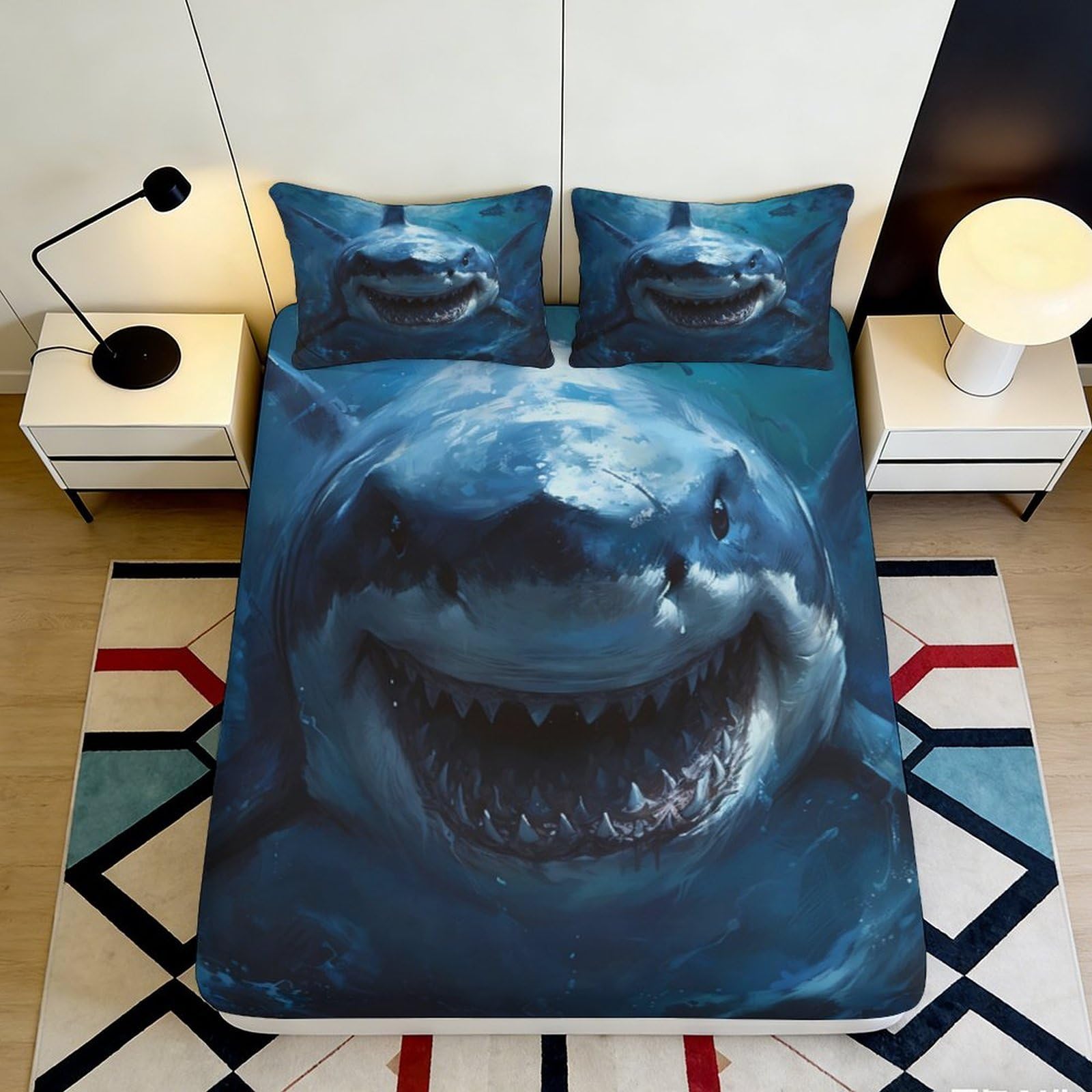 3D Printed Ocean Shark Fitted Sheet Microfiber Soft Mattress Cover for Bedroom Dorm Waterproof Easy Cleaning Decor 200x200x25cm