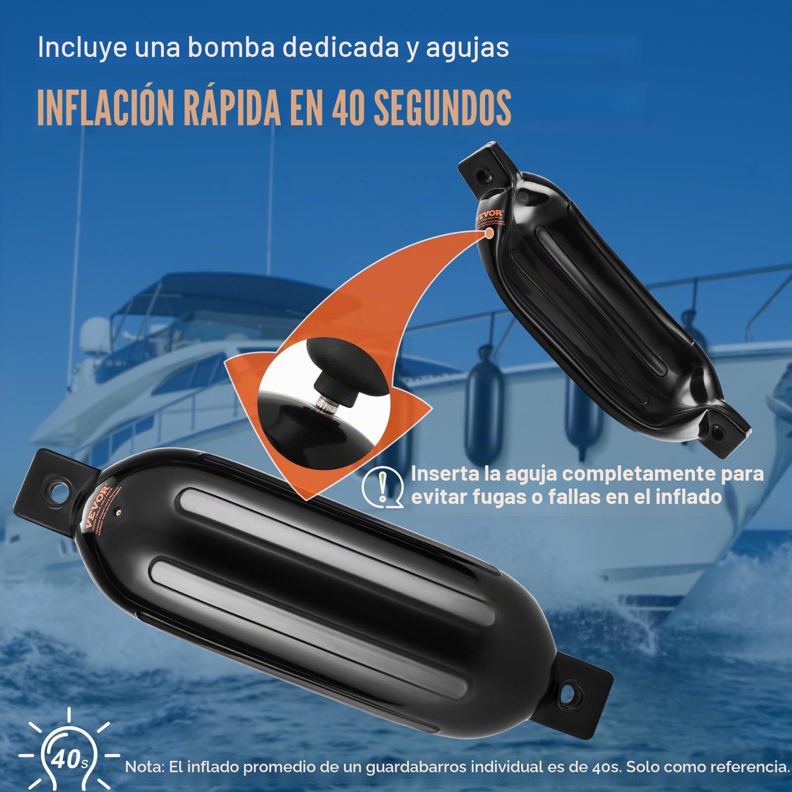 VEVOR 4 PCS Guardabarros Inflables de PVC para barcos 14x50,8 cm con Bomba Agujas de Aire, Cuerdas y Bolsa de Almacenamiento de Parachoques para Proteger Canoas, Pontones, Muelles para Barcos de Pesca