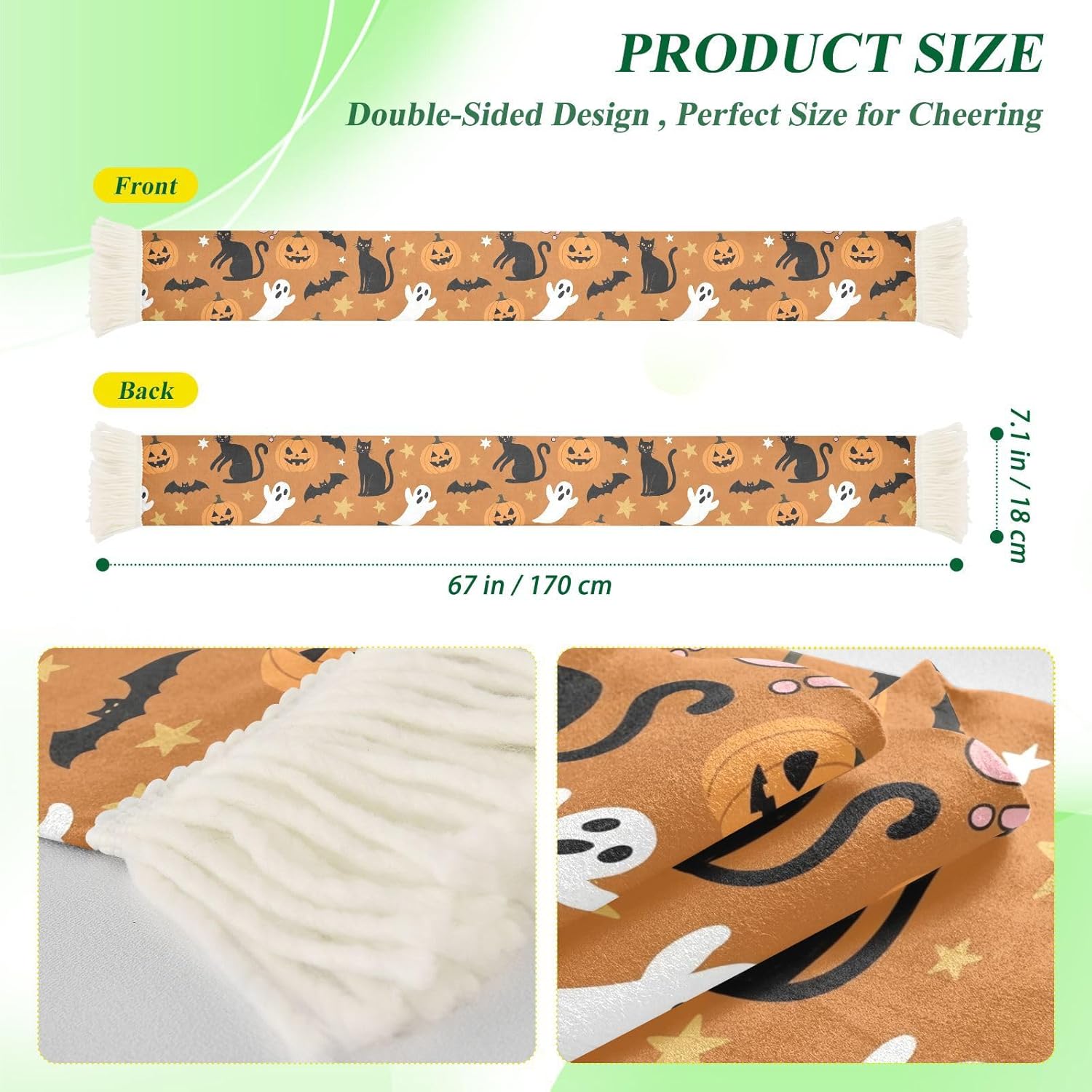 CHIFIGNO Black Cats Bats Sports Fan Scarf Towel, Soft Absorbent Polyester Soccer Scarf for Cheering, Quick Dry Rally Towel with Fringe Ends