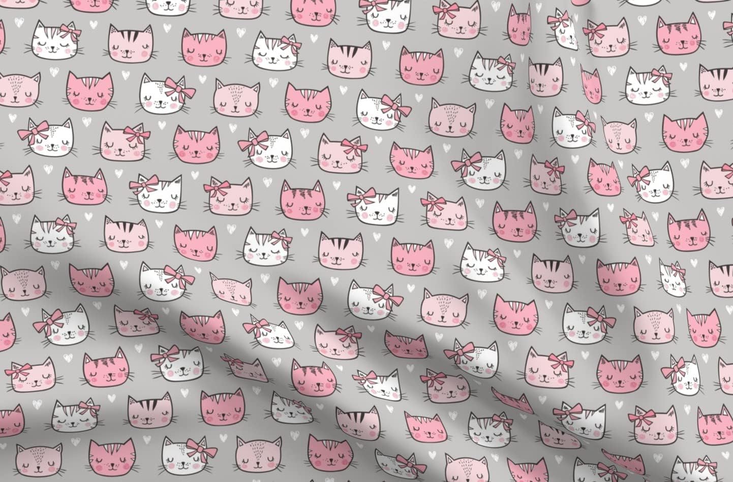 Spoonflower Fabric - Pink Cat Cats Faces Hearts Gray Summer Spring Valentines Day Girly Printed on Upholstery Velvet Fabric Fat Quarter - Upholstery Home Decor Bottomweight Apparel