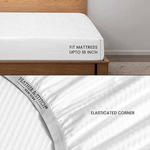 Miniatura 2 de Feather & Stitch - Sábana bajera 100% algodón, 1 pieza de damasco a rayas tamaño King, 500 hilos, color blanco, bolsillo extra profundo, tejido de