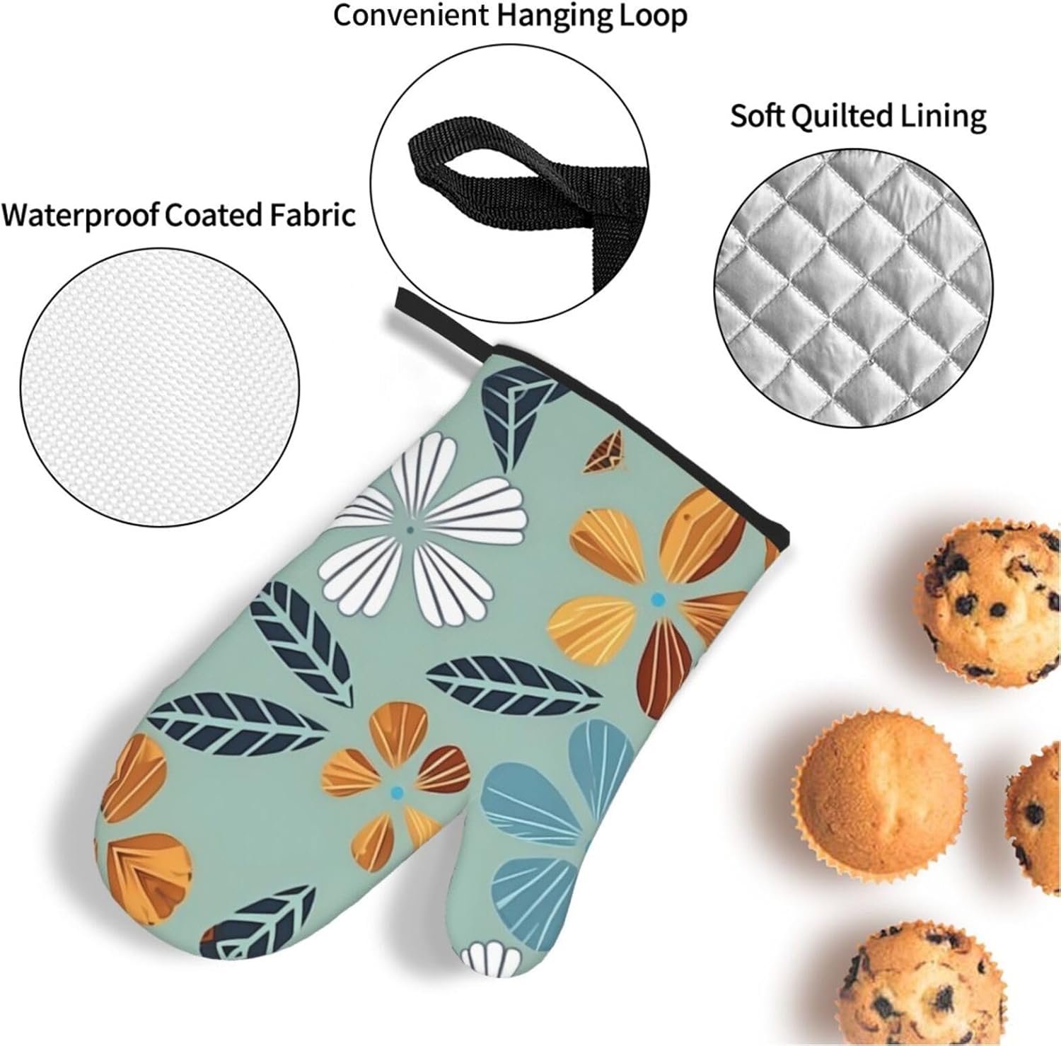 Light coloured floral Oven gloves and heat-resistant mat 4-piece set. Suitable for grilling, microwave oven frying, and baking