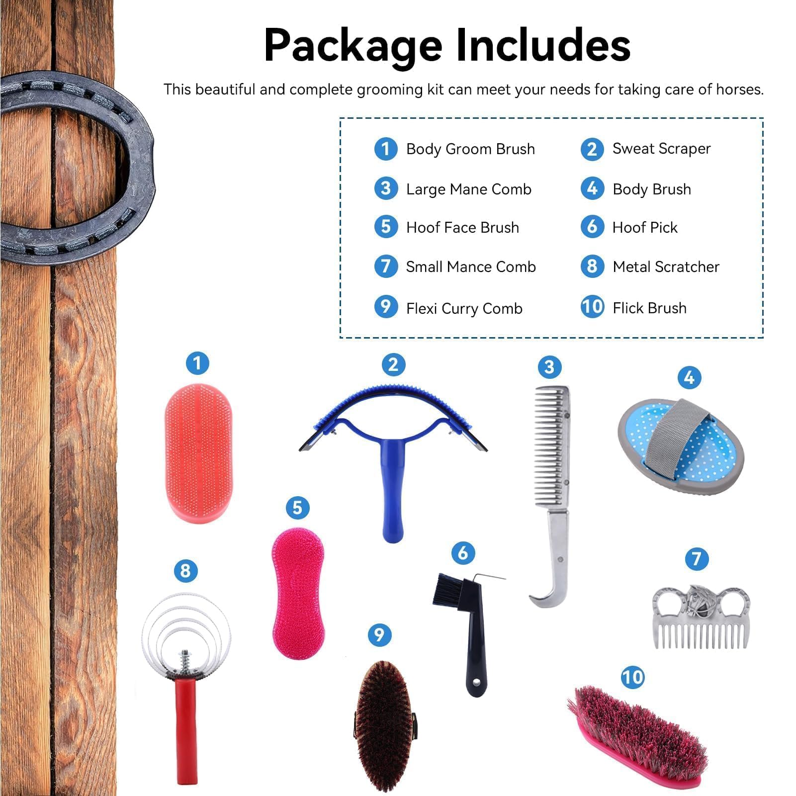 Kit De Aseo Para Caballos De 10 Piezas, Juego De Suministros Para Cuarto De Aperos, Juego De Cepillos Para Caballos, Suministros Para Baño De Caballos Para Jinetes Principiantes