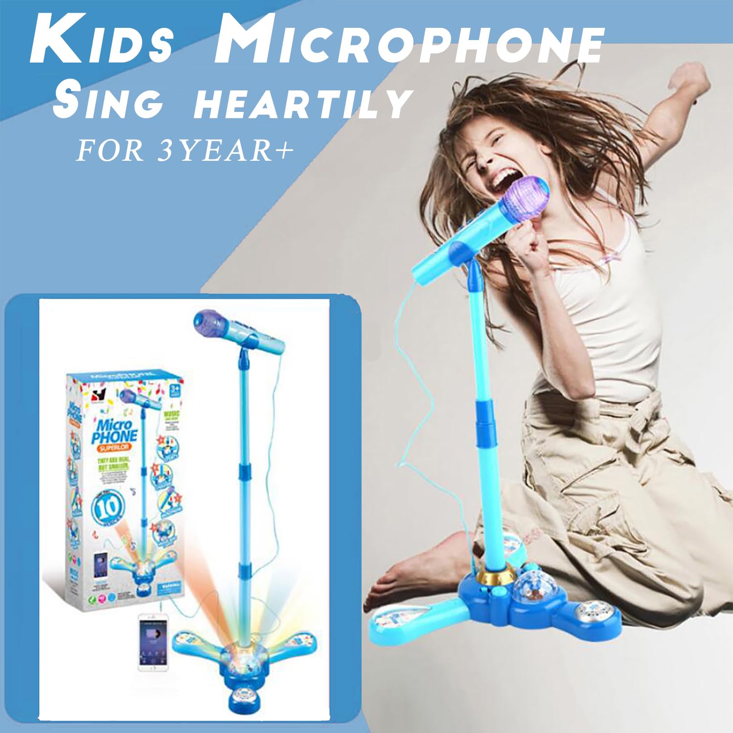 Máquina de karaoke para niños con soporte ajustable, micrófono para niños, música cantando junto con luz intermitente de escenario y pedales, regalo para niños (azul) 7