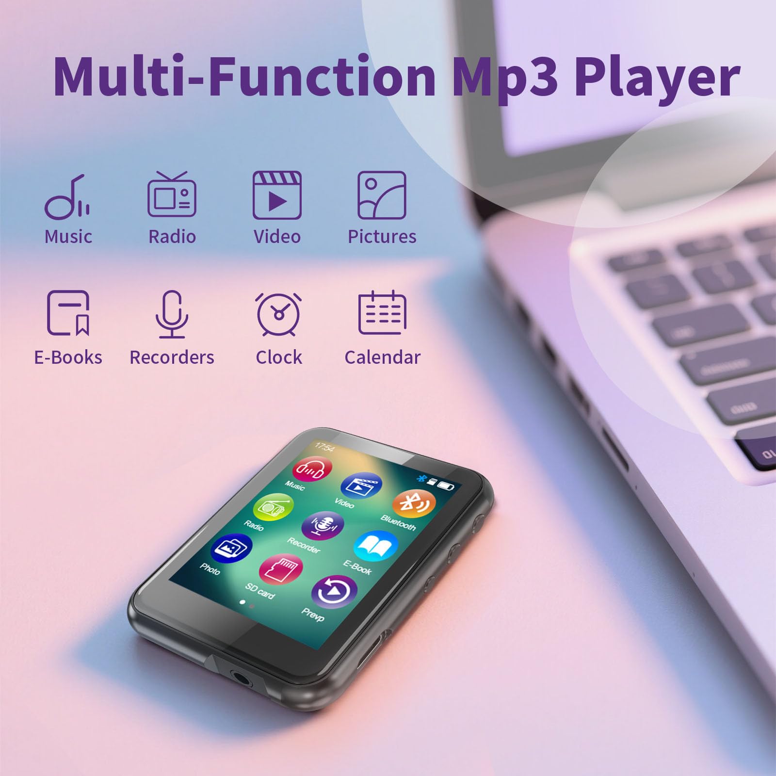 Reproductor MP3 de 32 GB con Bluetooth 5.3, pantalla táctil de 2,4 pulgadas, radio FM, grabación de voz, sonido Hi-Fi, función de libro electrónico, ampliación de memoria de hasta 512 GB