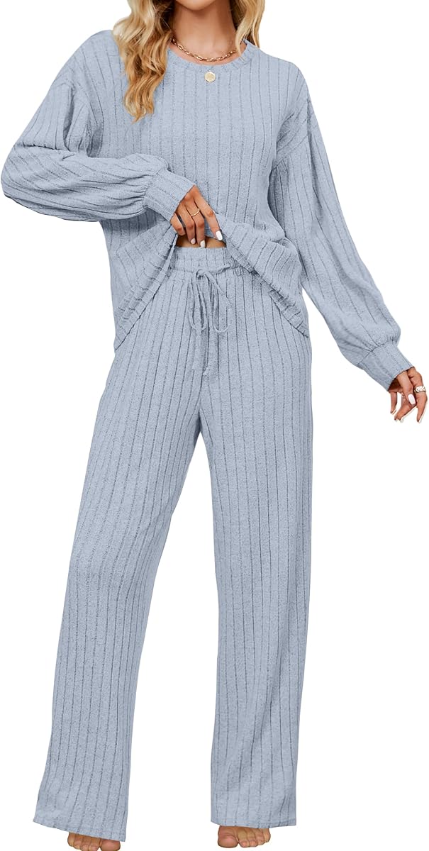 Blooming Jelly Women Ribbed Long Sleeve Pajama Sets Fall Loungewear Pockets