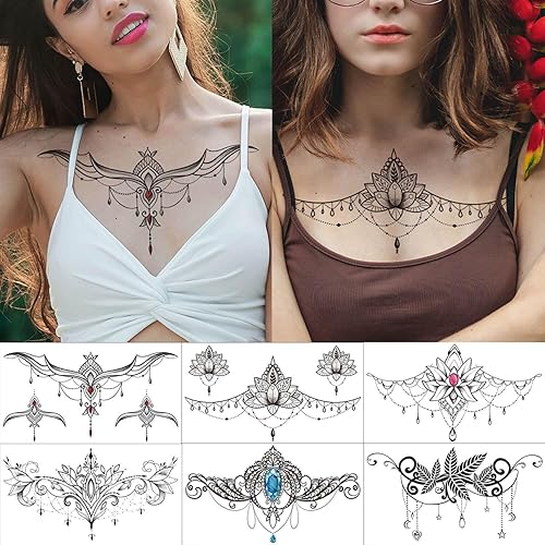 Miniatura 2 de GLARYYEARS Tatuajes temporales en el pecho debajo del pecho para mujeres y niñas, paquete de 6 calcomanías negras falsas realistas de gran duración
