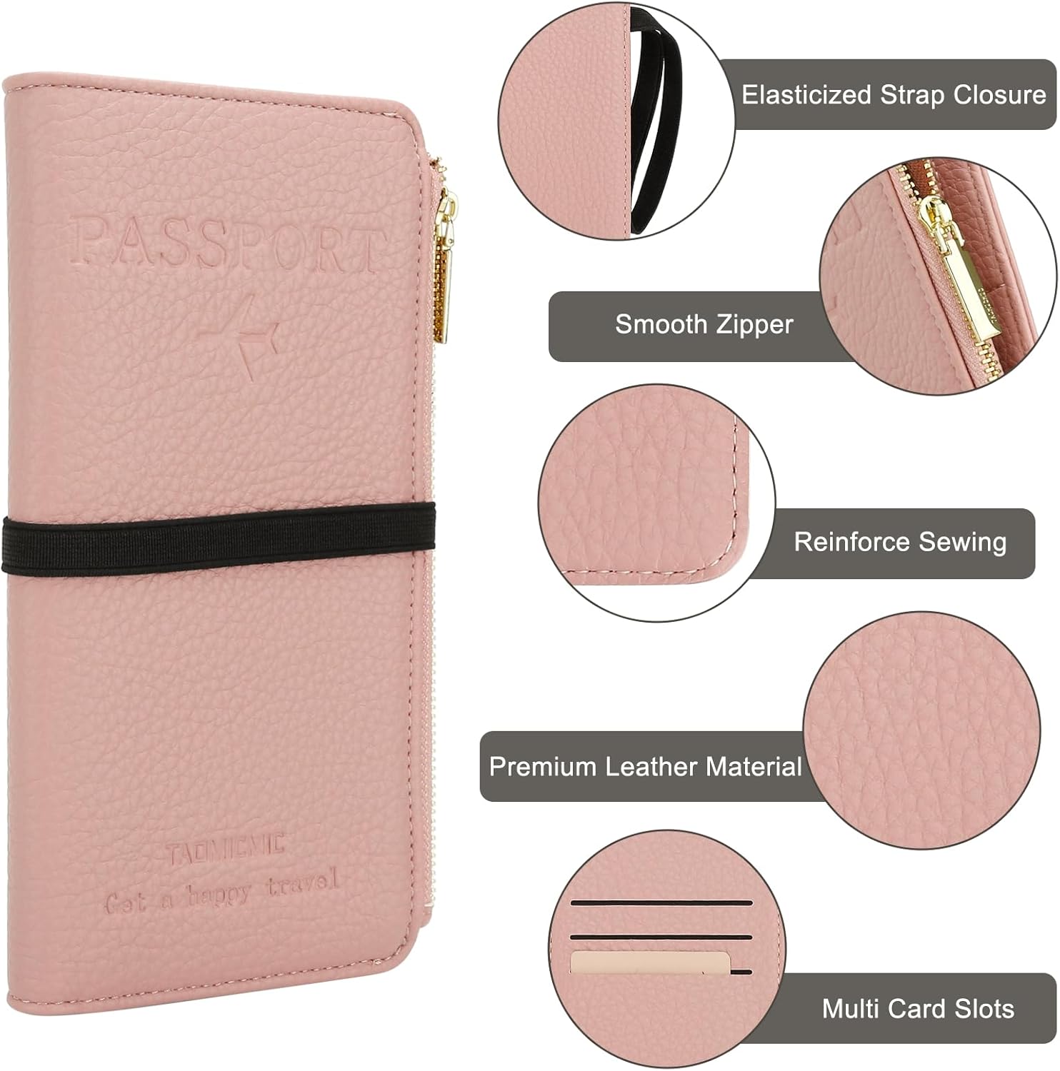 DOB SECHS Leather Passport Wallet for Women, RFID Blocking Passport Holder with Zipper for Travel, Credit Card Cover Case, Travel Document Organizer Pouch Bag +ID Window+Cash Pocket+SIM Slot, Pink - Image 5