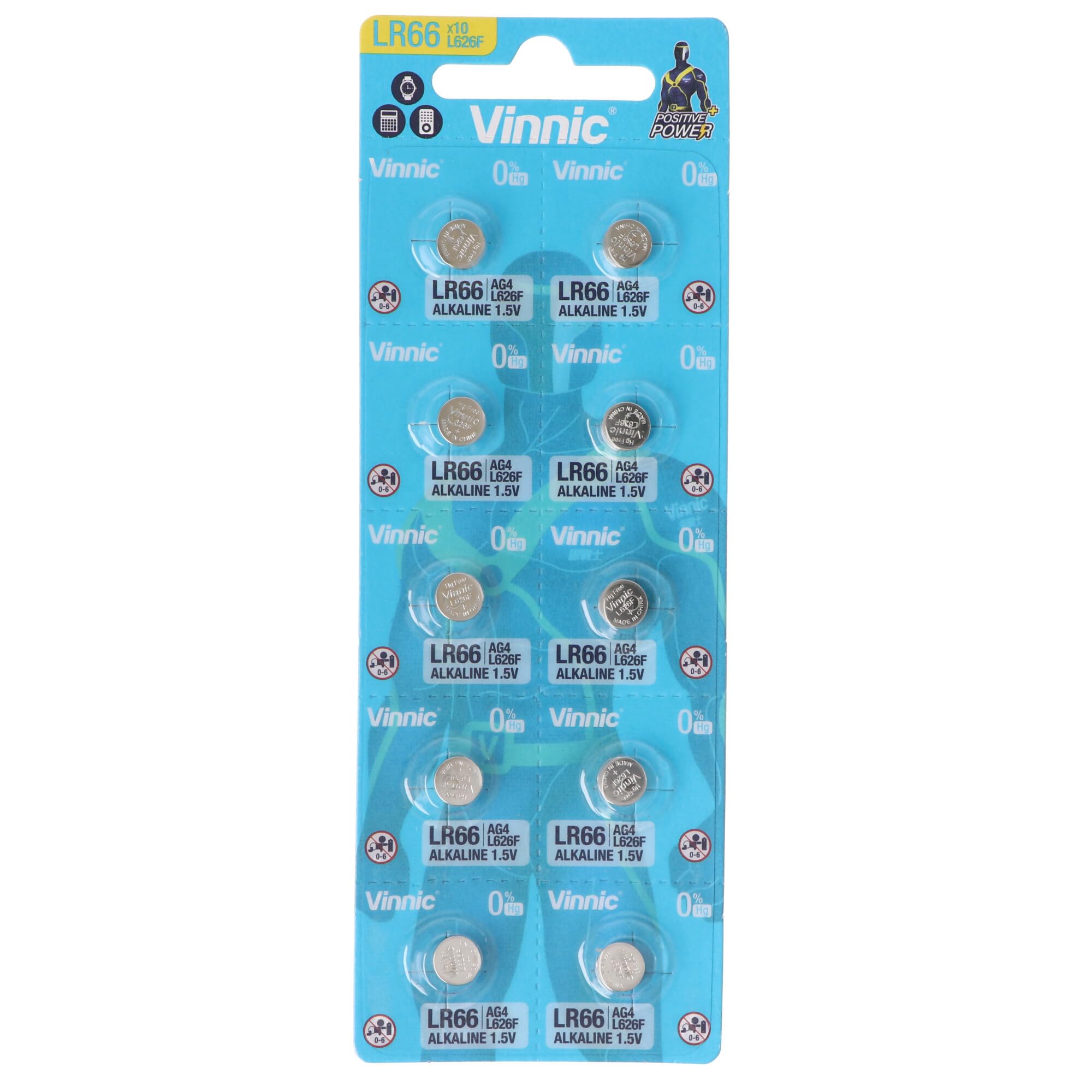Vinnic AG4 1,5V Alkaline Mini-Knopfzellen – 10 Stück in Blister (LR626/LR66, 6,8 × 2,6 mm)