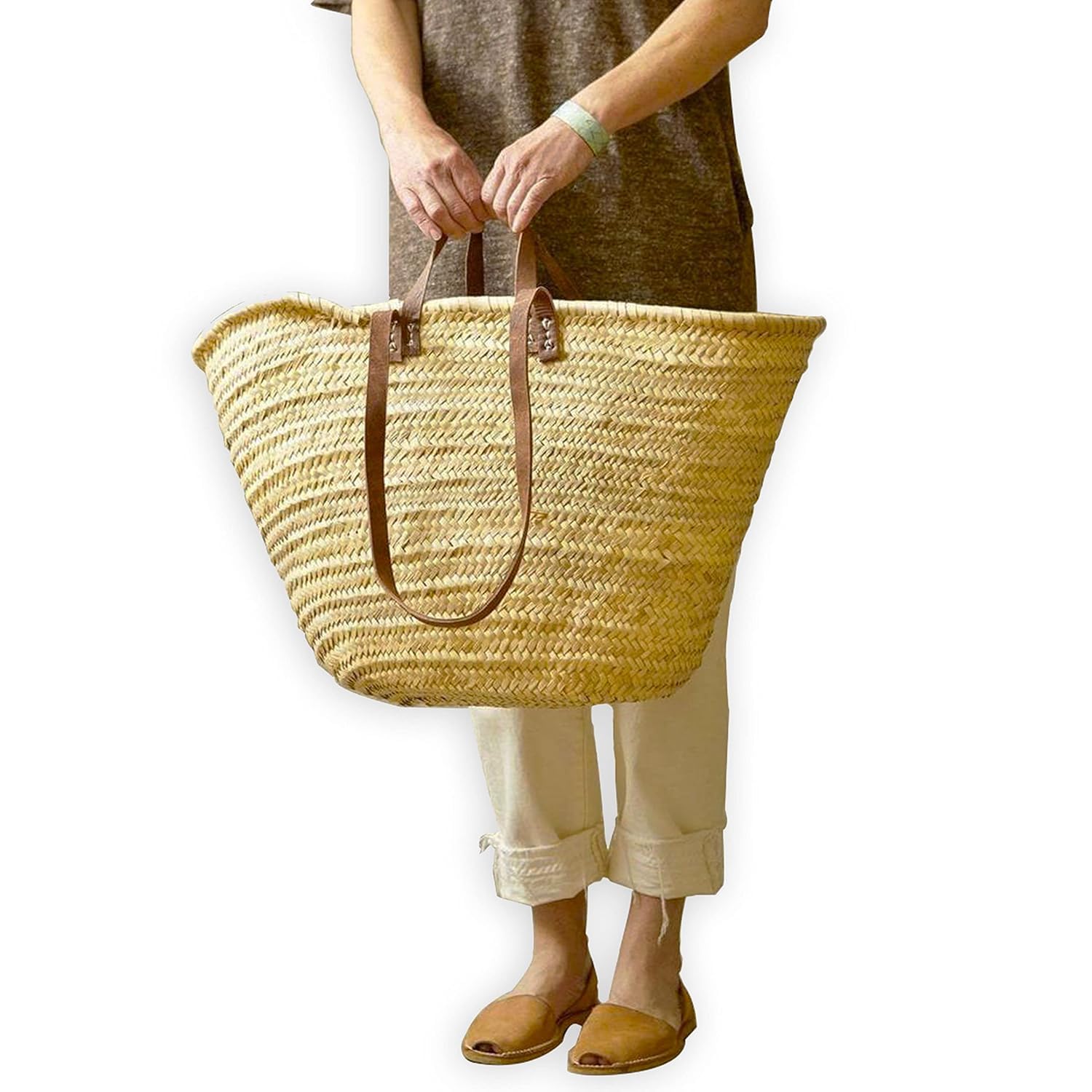 FRENCH MARKET BASKET with double flat leather handles, straw bag, beach bag, basket bag, shopping basket,with handle