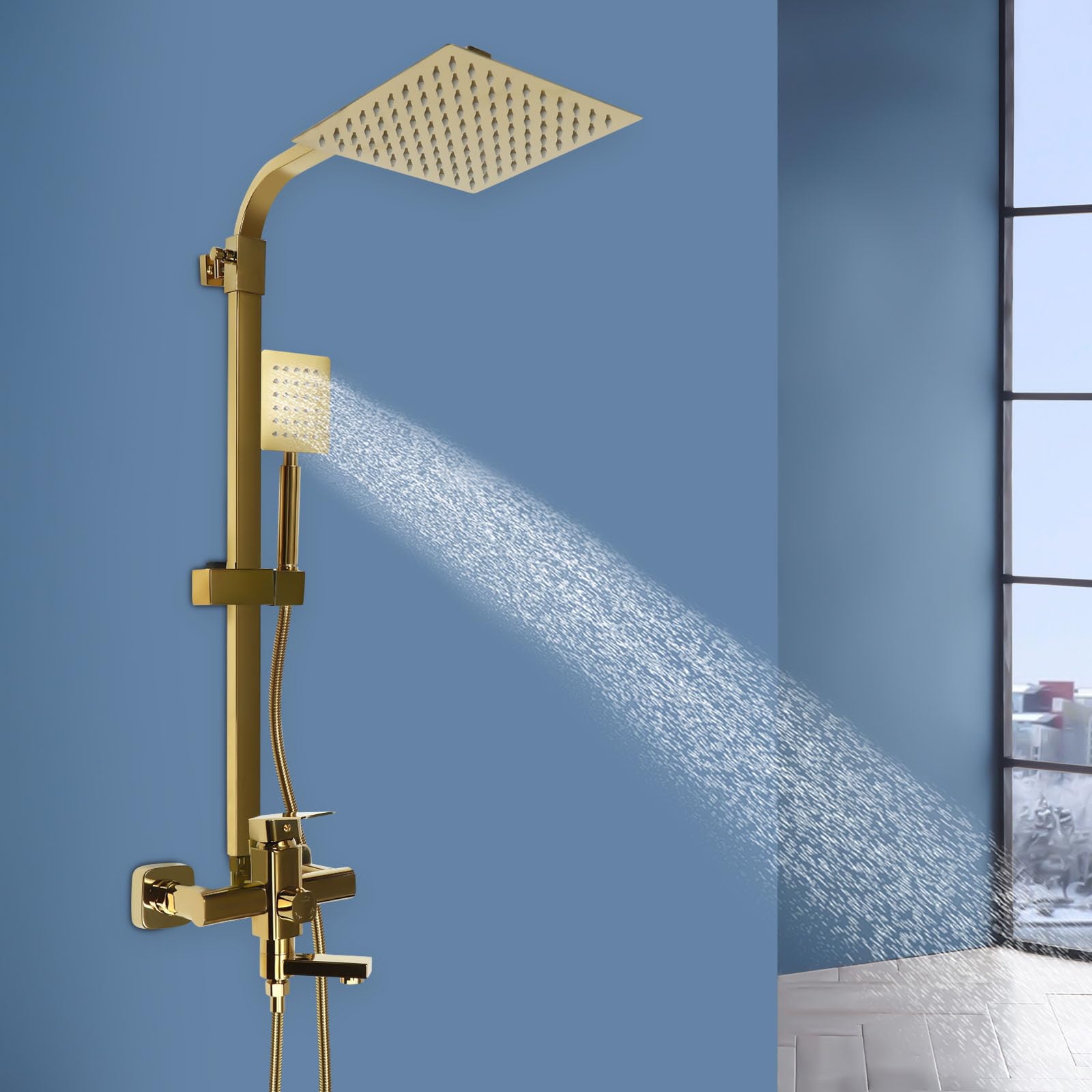 Deszczownica system prysznicowy, kompletny zestaw 3 w 1, złoty mosiądz, regulacja wysokości 85-124 cm z 20 cm słuchawką prysznicową, słuchawka prysznicowa, armatura wannowa 1,5 m, wąż ze stali