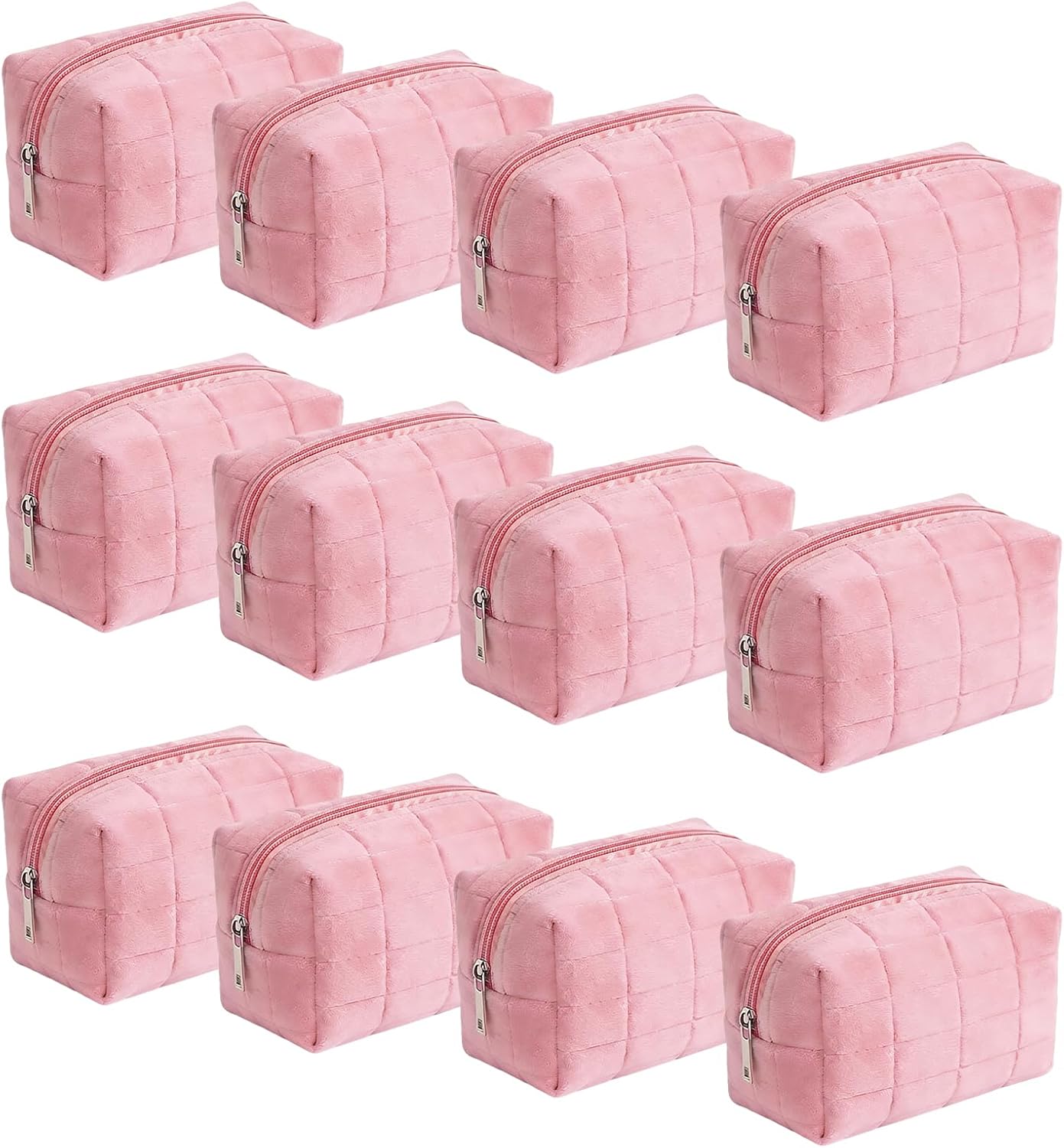 AMAZBEE 12 Pack Velvet Quilted Makeup Bags, Cosmetic Pouches with Zipper, Travel Toiletry Organizer Set for Women, Bulk Value Pack (White)