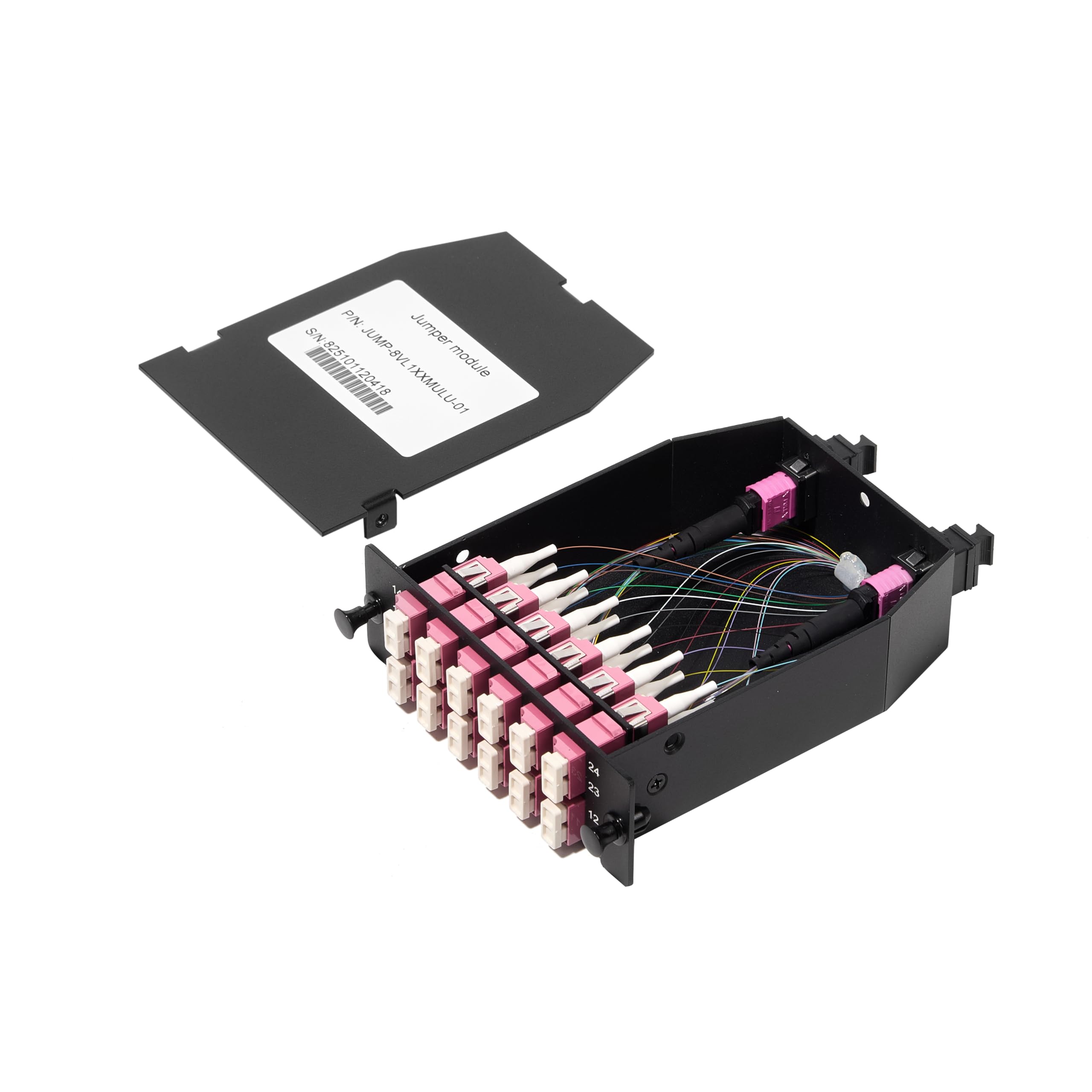 FHD MPO-LC Kassette, OM4 Multimode, Typ A, 24 Fasern, 2 x MPO-12 (männlich) auf 12 x LC Duplex (Aqua), 0,35 dB max