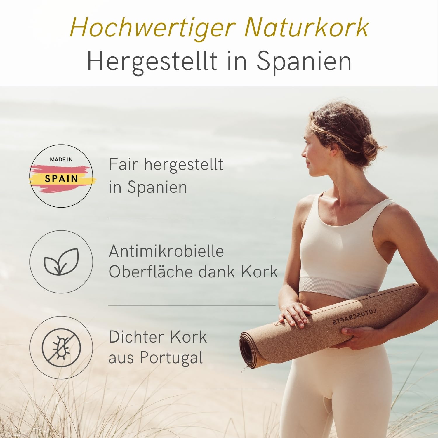 Lotuscrafts® Arise Cork Yogamatte Kork mit 100% Naturkautschuk, Extrem Rutschfest, Yoga Matte für Hot Yoga mit Sweat Proof Oberberfläche, 185 x 65 x 0,4 cm