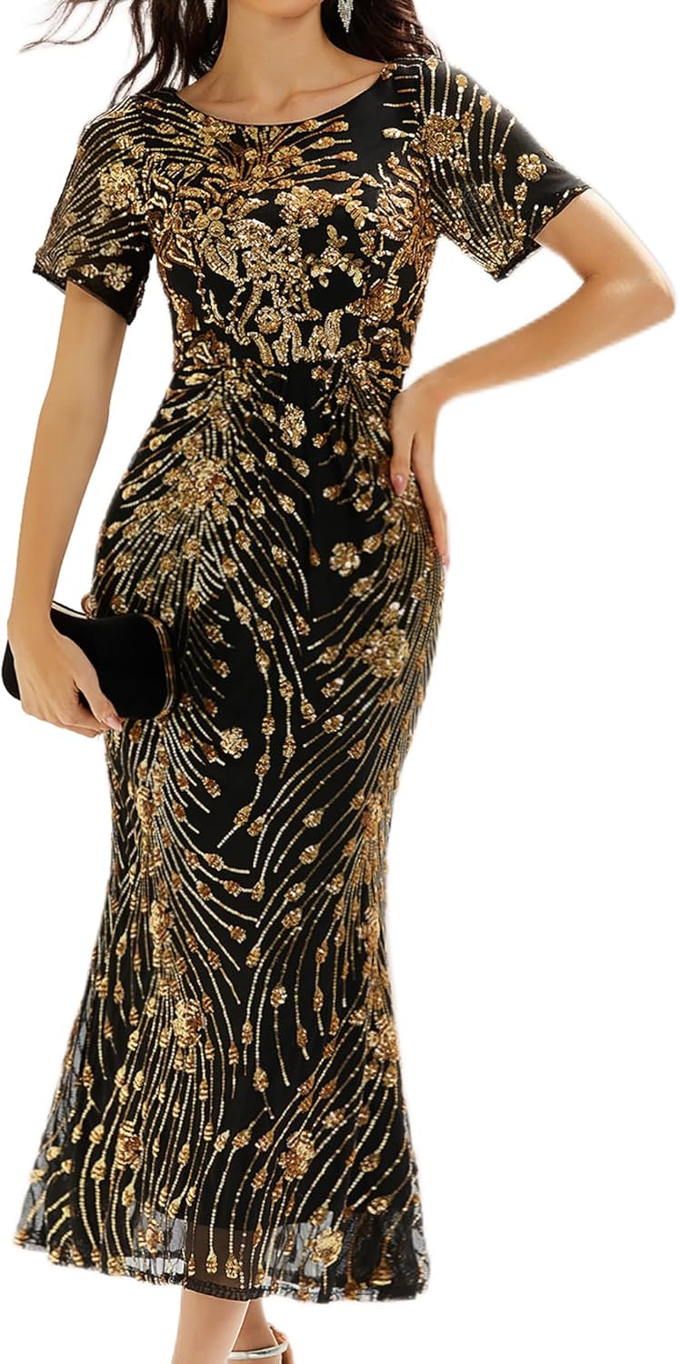 Ever-Pretty Women's Gorgeous Round Neck Sequin Embroidered Short Sleeve Maxi Mermaid Formal Evening Dresses 02387