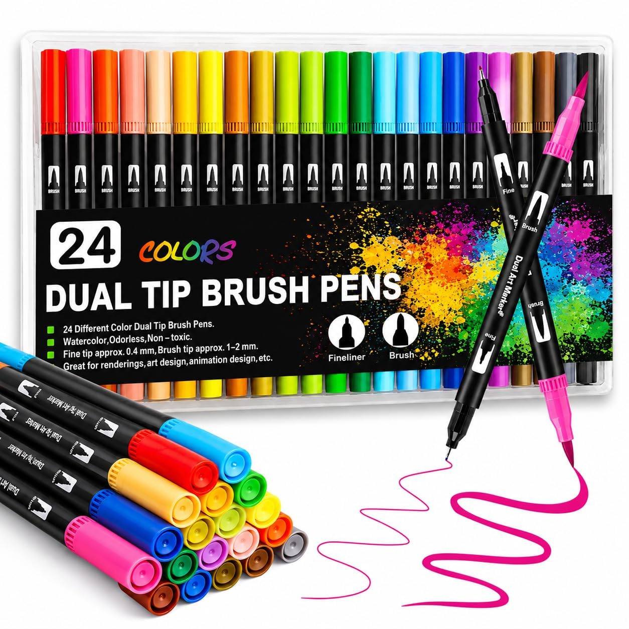 Brush Pen Set Sketch Pen Set Drawing Pen Dual Tip Brush Pens Markers for Drawing Brush Pens 24 Shades Art Markers Set Fineliner Color Pens Water Based Marker for Calligraphy Sketching Drawing-image-7