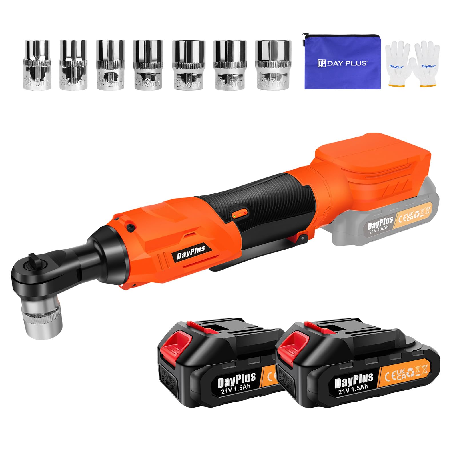 Bowose 3/8 Inch Cordless Ratchet Wrench with 2X 21V 1.5Ah Batteries, 7X Impact sockets, 60ft-lbs, Built-in LED Light, Forward/Reverse Switch, 320RPM, Lightweight Electric Ratchet Wrench