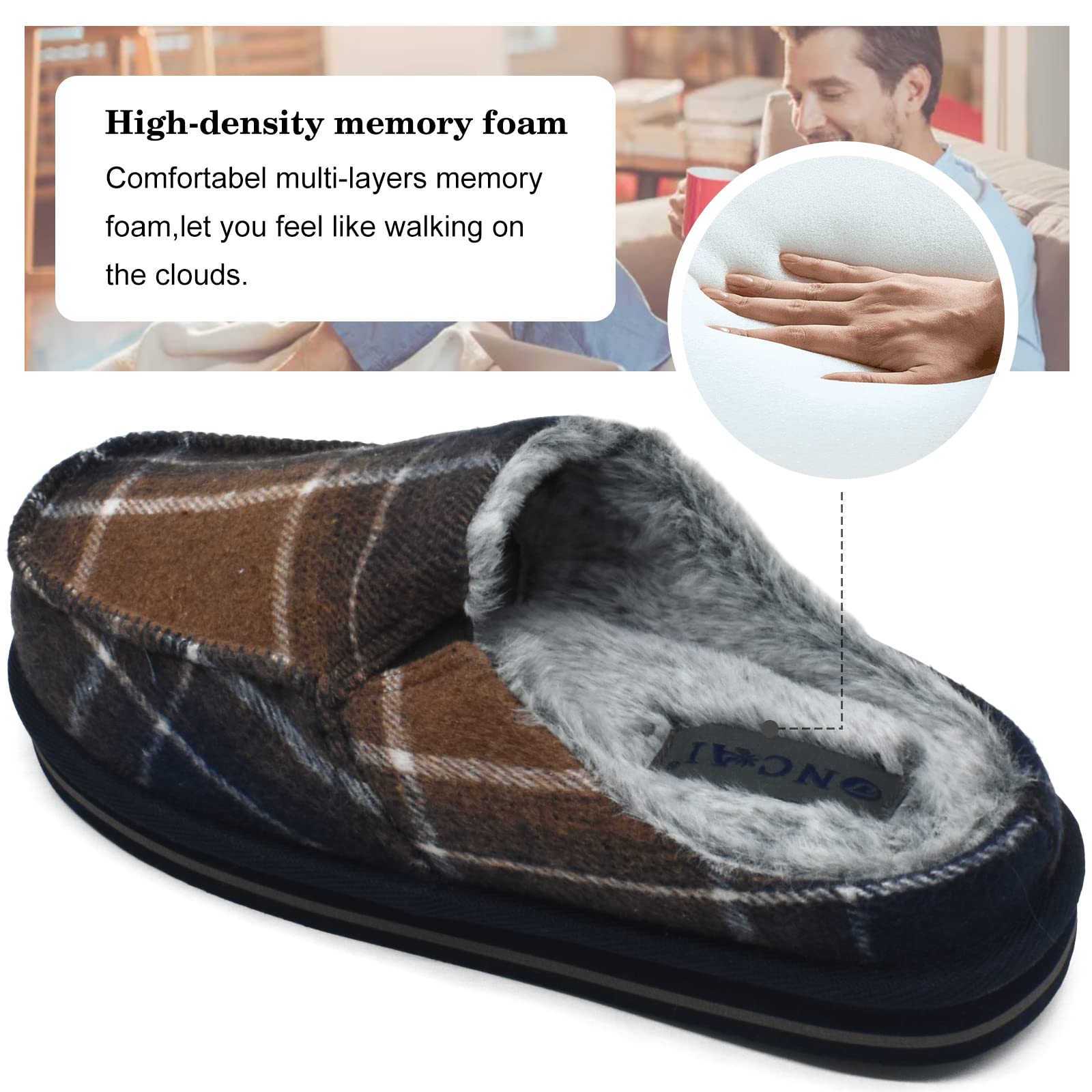 ONCAI Pantofole da Uomo in Comfort Pelo Cotone Strisce Ciabatte da Casa in Lana con Memory Foam Supporto Arco Suola in Gomma Taglia 40-50