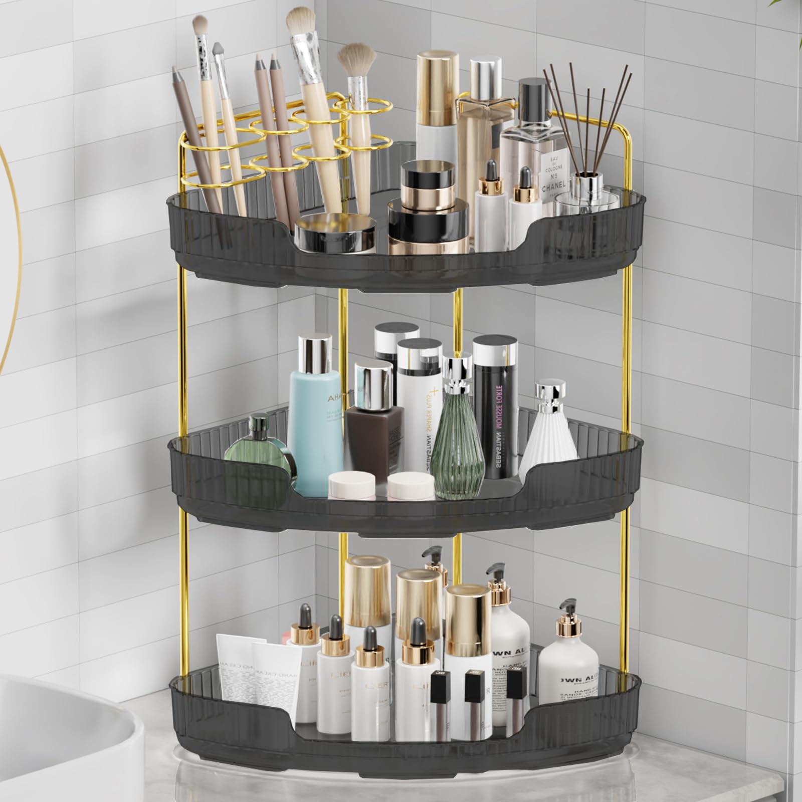 3-Tier Corner Perfume Tray Organizer, Tool-Free Installation, Vanity Shelf Makeup Cosmetic Storage, Daily Essentials Holder, Suitable for Bathroom Counter, Dresser, Toilet, Kitchen, Hotel (Obsidian)