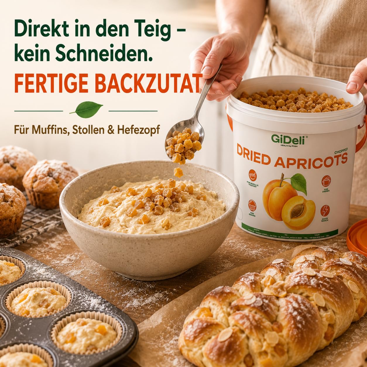 GiDeli Getrocknete Aprikosen 5Kg Gewürfelt Im Eimer Ohne Zuckerzusatz | hoher Fruchtanteil, klebt nicht dank Reismehl, direkt einsatzbereit, ideal für Müsli, Joghurt und zum Backen