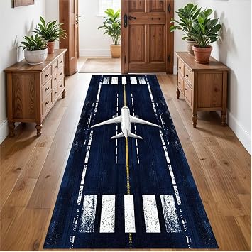 Navy Blue Airplane Runway Runner for Entryway, 1.3x7ft, Aircraft Track Kids Playroom Rug, Distressed Aviation Style Low Pile Mat, No Crease Absorbent Reduce Noise Carpet for Bedside Sofa