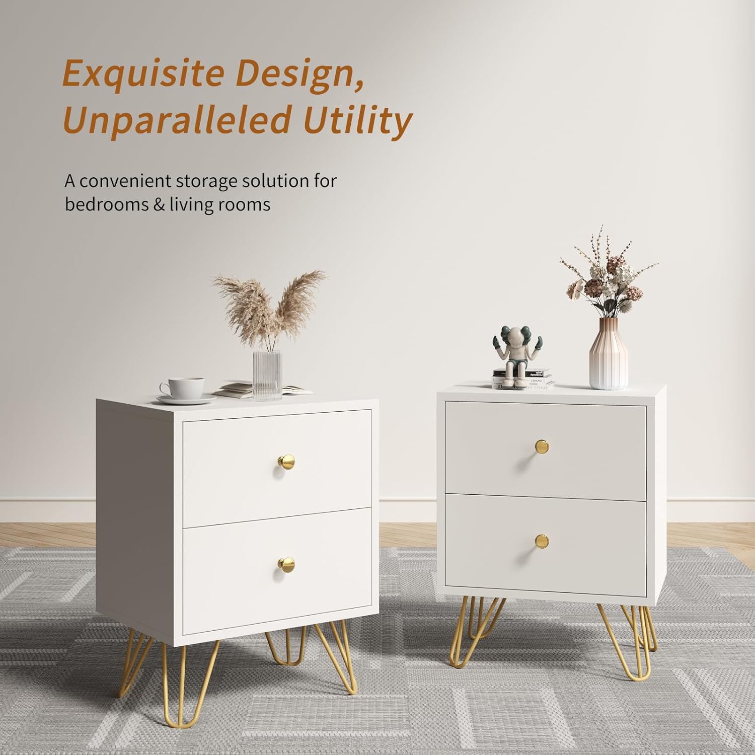 White Nightstand Set of 2, White and Gold Night Stand with 2 Drawers, Modern End Table with Metal Legs and Gold Handles, Bedside Table for Bedroom, Hallway