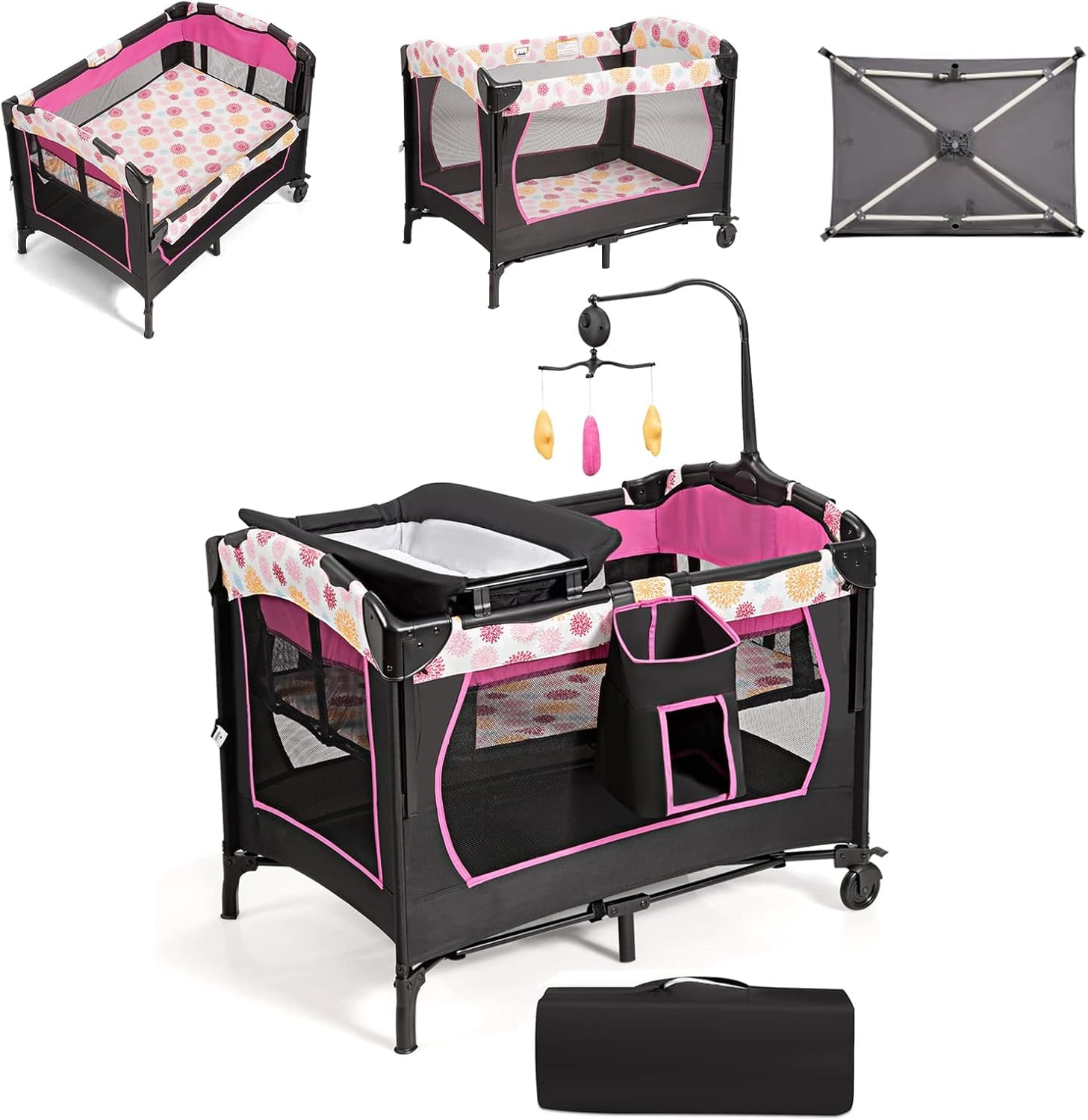 FANTASK Lettino da viaggio pieghevole 4 in 1 fino a 15 kg, culla mobile, lettino e fasciatoio e box a 2 livelli, regolabile in altezza con custodia, materasso e carillon