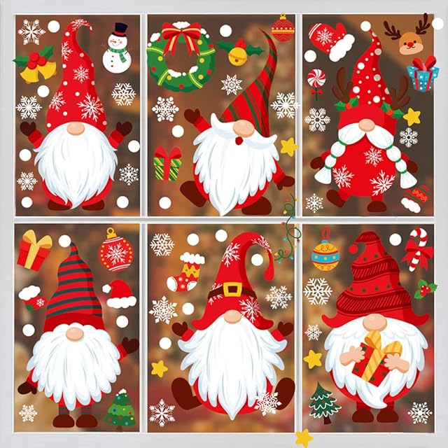 9 Sheets Christmas Window Stickers, Reusable Christmas Window Dwarf Clings, Static Xmas Window Decals Snowflake Sticker for Christmas Party Decorations