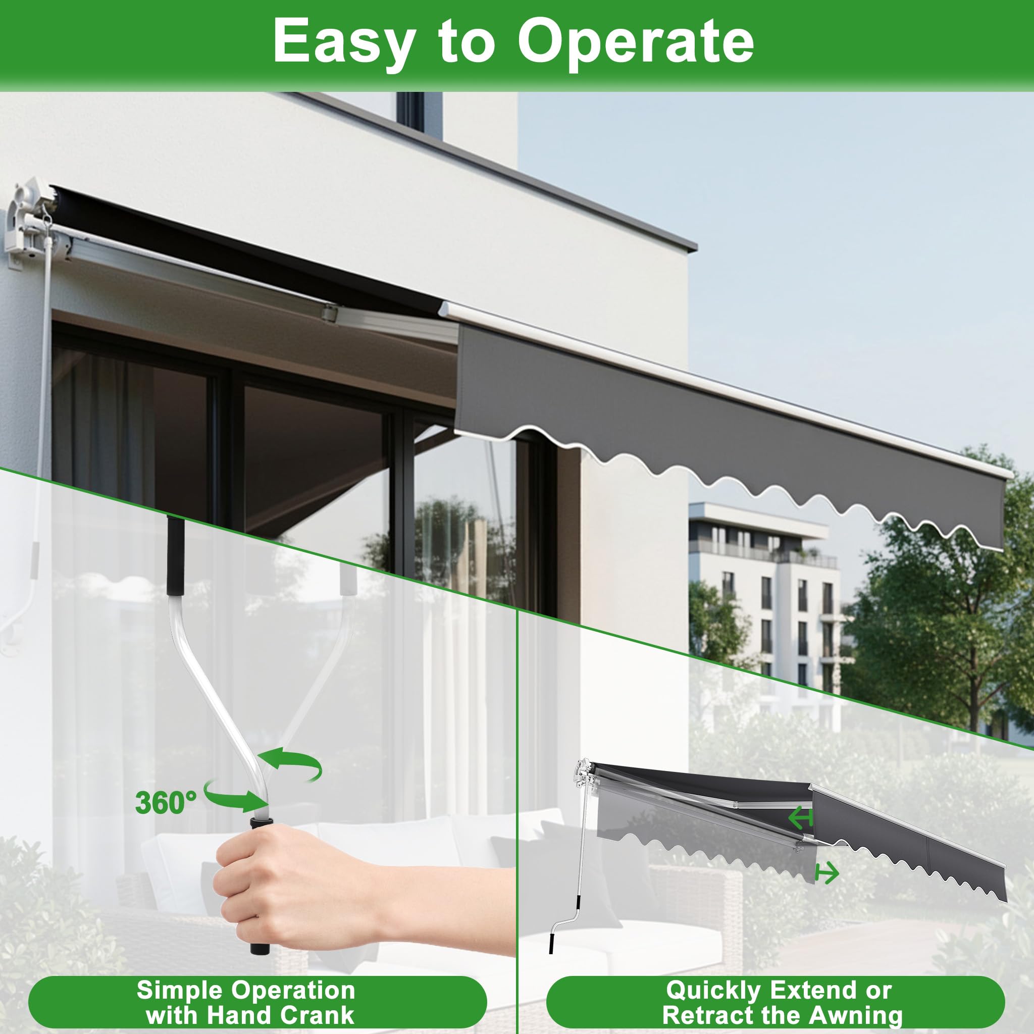 UISEBRT Tenda da sole per balcone, larghezza 300 cm, in alluminio, con braccio snodato in alluminio, protezione solare, a morsetto manuale, con manovella, impermeabile, grigio scuro (360 x 300 cm)