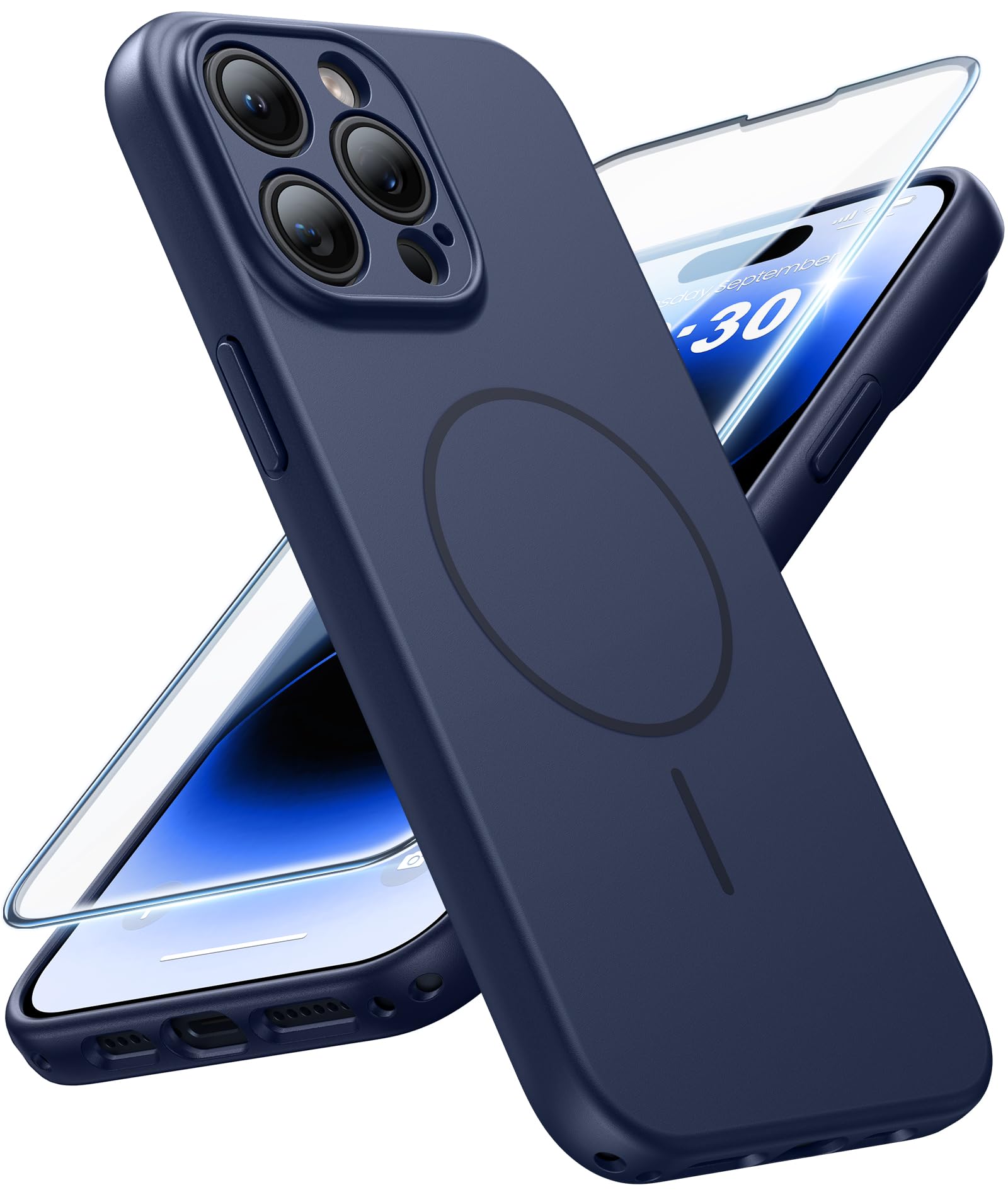 FNTCASE for iPhone 14 Pro Max Case Blue: Compatible with MagSafe | With Screen Protector, Translucent Magnetic Full Camera Protection, 14FT Military Grade Drop Tested, Matte Shockproof Cover