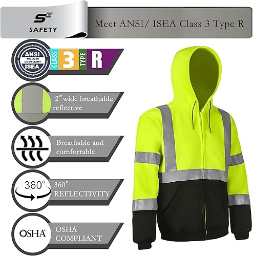 Miniatura 2 de sesafety Sudadera de seguridad de alta visibilidad para hombre, sudadera con capucha reflectante con cremallera clase 3, sudadera con capucha de