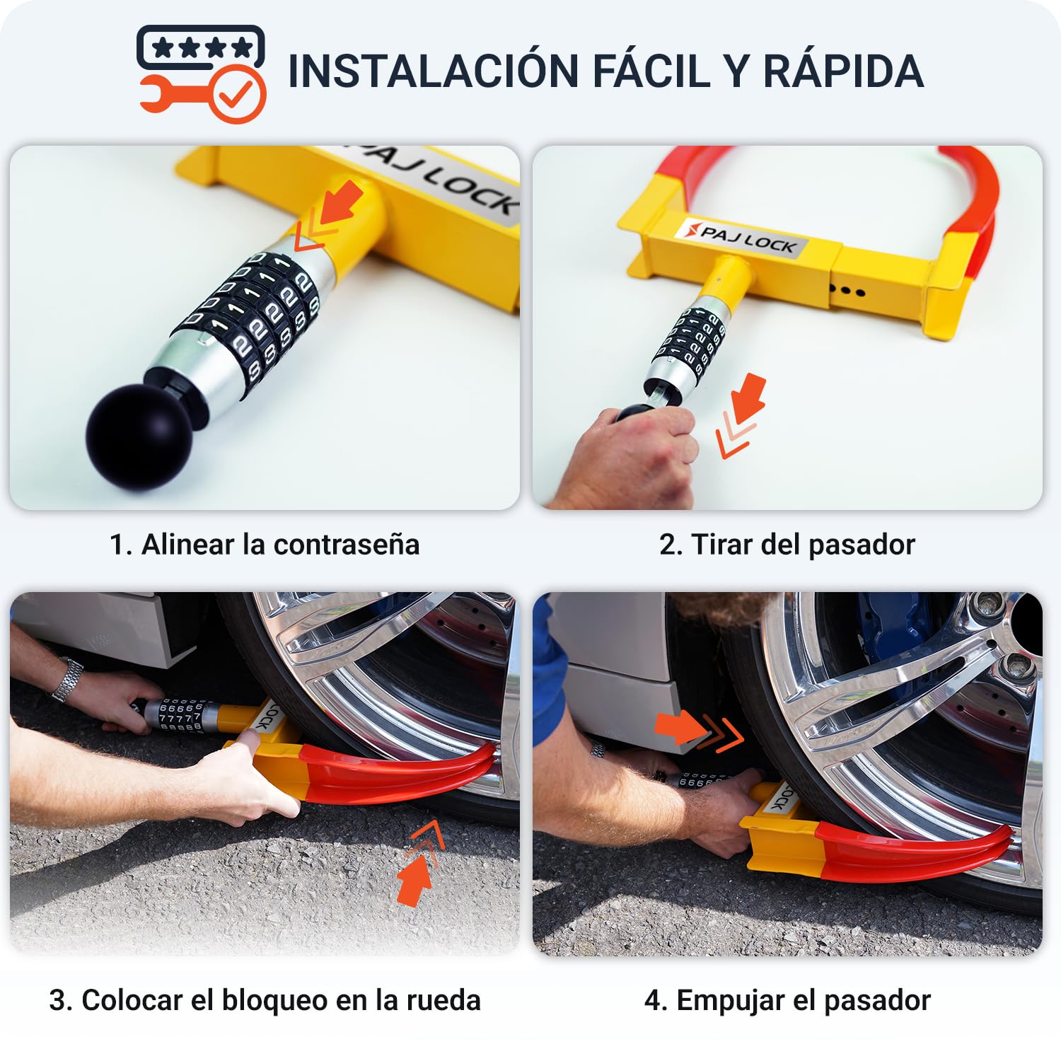 PAJ LOCK Cepo Antirrobo para Ruedas – Bloqueo de Rueda Universal para Coches, SUV, Furgonetas, Motos, Autocaravanas y Remolques – Mordaza Ajustable con Candado de Seguridad, Aparcamiento Seguro