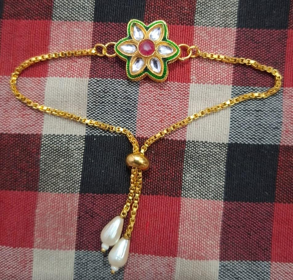 Image of Elegant Traditional Gold Plated /Rakhi Combo Of 1 Piece for Men and Women /brother /sister /bhabhi Kundan Stone combo set (Same as Shown In Image)