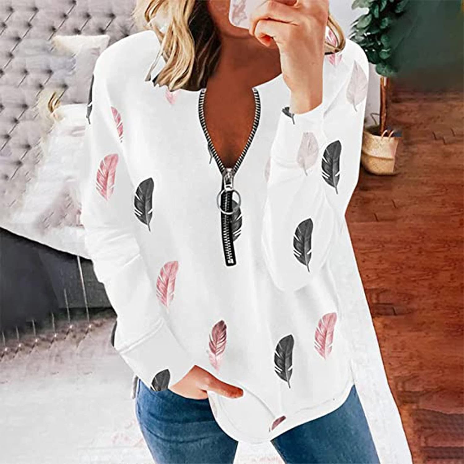 Women Long Sleeve Vneck Sweatshirt, Trendy Feather Print Comfy Sweaters Tops Daily Casual Loose Zipper Fall Clothing at  Women’s Clothing store