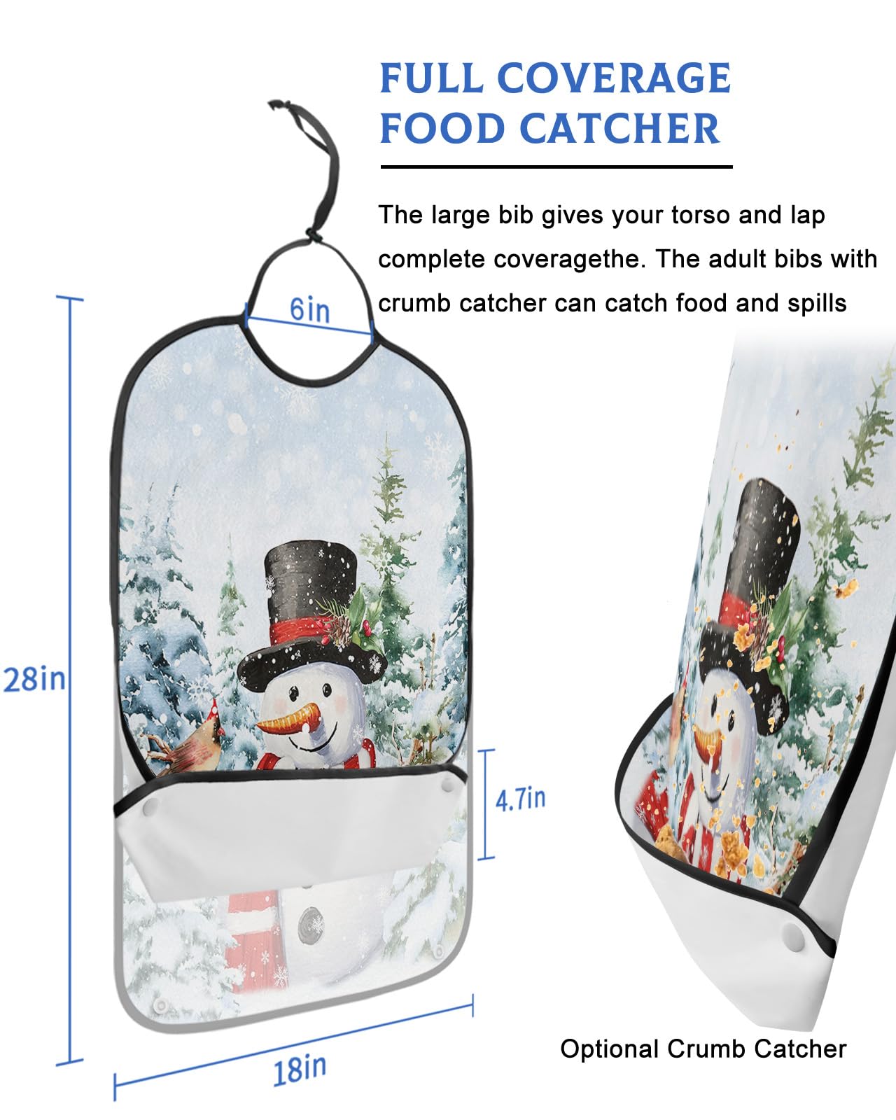 Red Christmas Snowman Adult Bibs for Eating, Waterproof Bibs with Food Catcher & Adjustable Snap Closure, Blue Green Xmas Tree Winter Snowflake Clothing Protectors Adult Bibs for Elderly Women/Men