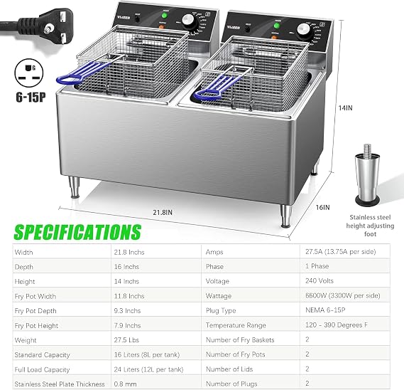 Deep fryer Commercial Deep Fryer 12L x 2/25.4QT Dual Tank Electric Deep Fryers with Basket Electric Countertop Fryer for Restaurant with 2 Frying Baskets, 3300W x 2, 240V Two 6-15 Phase Plugs