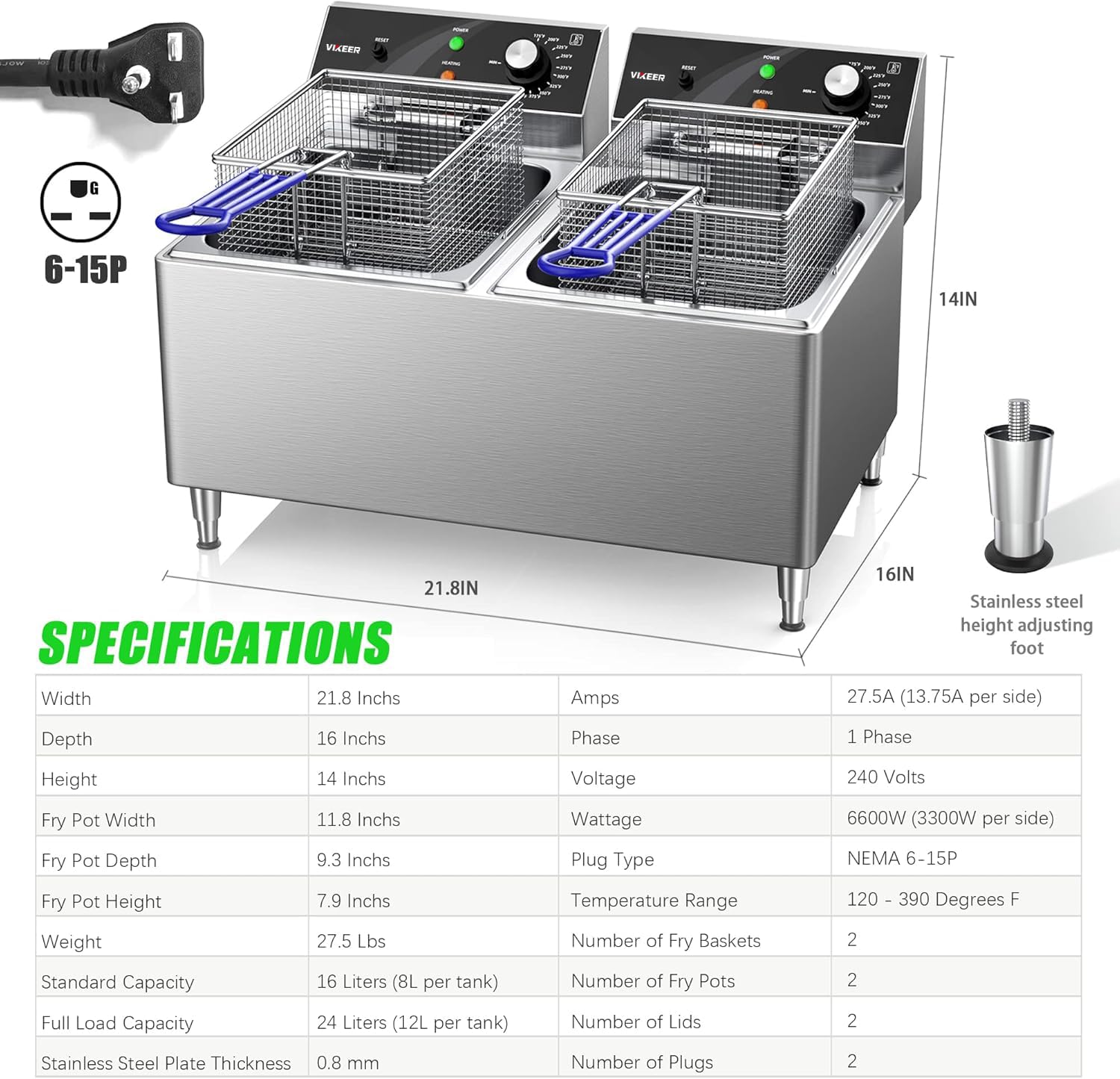 TOPKITCH Freidora comercial de 12 litros x 2 doble tanque freidoras eléctricas con cesta, freidora eléctrica de encimera para restaurante con 2 cestas de freír, 3300 W x 2, 240 V dos enchufes de 6-15