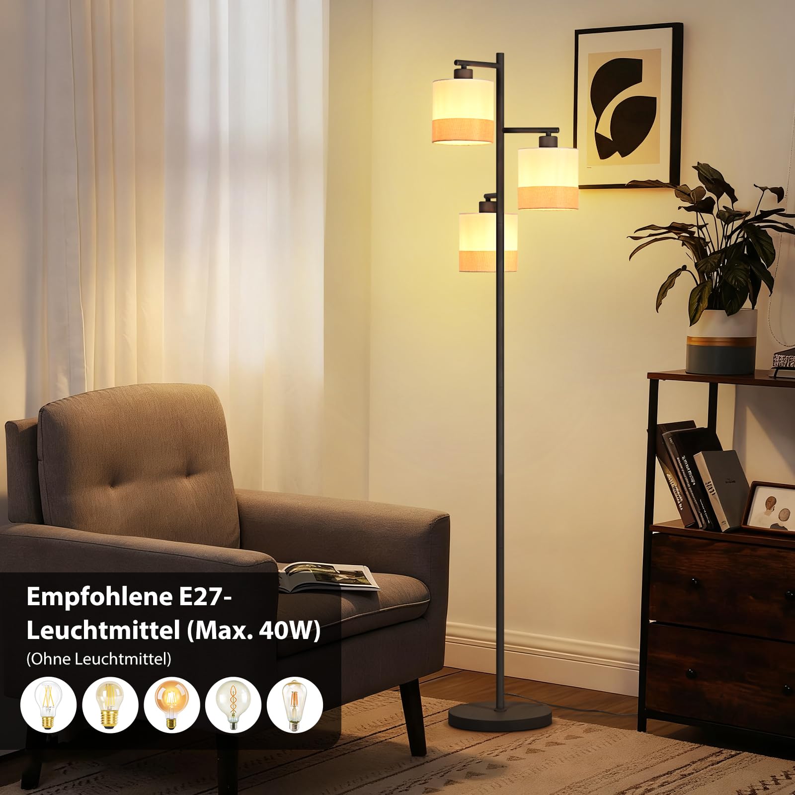 CBJKTX Stehlampe Wohnzimmer Stehleuchte Vintage - Stoff Standlampe 3 Flammig Standleuchte Schwarz Retro Leselampe E27 Rustikal Bodenlampe mit Fußschalter für Schlafzimmer Büro (ohne Leuchtmittel) | Flammig Standleuchte Schwarz Retro Leselampe E27 Rustikal