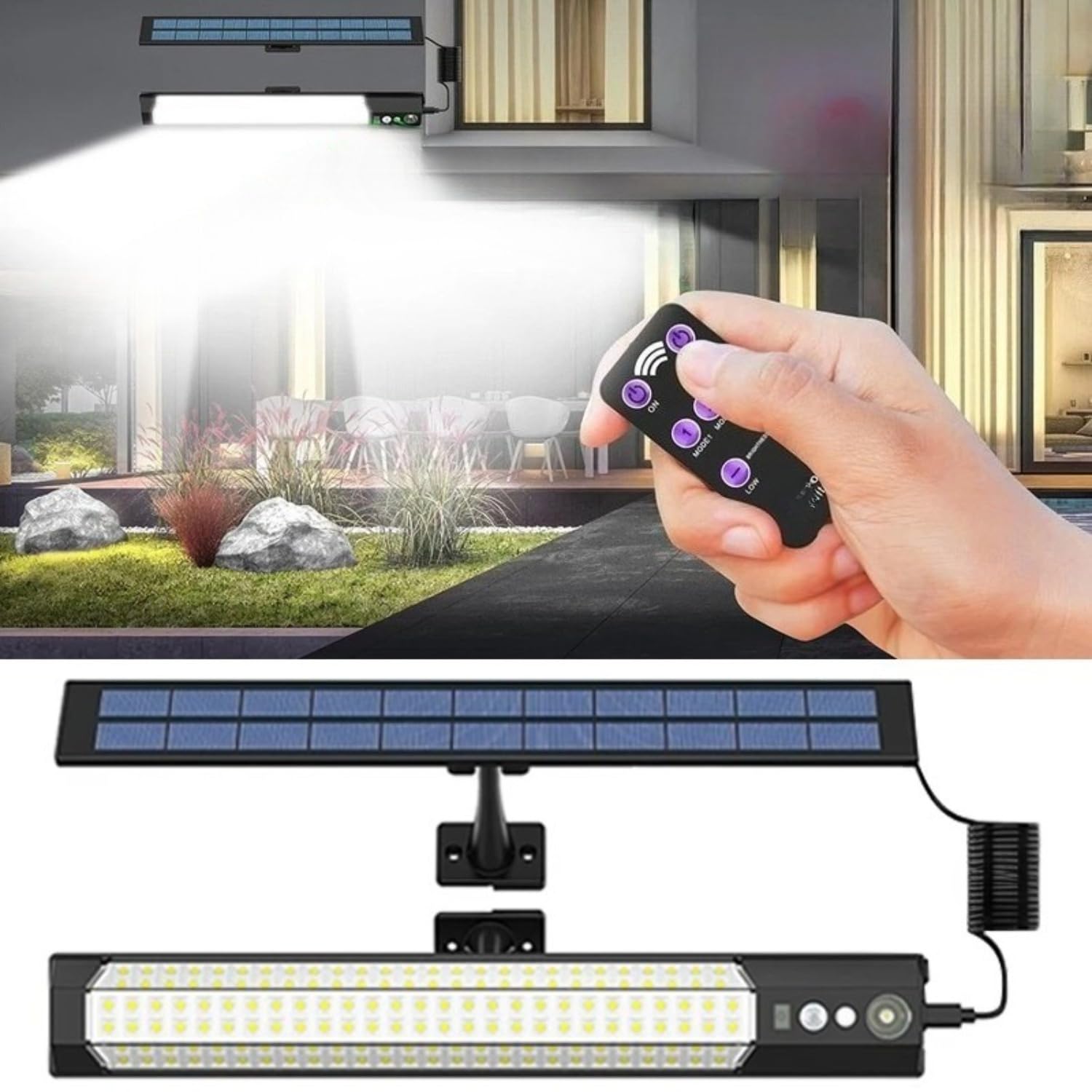 EBILUN Outdoor Lighting,Solar Sensor Lights with Remote, Motion Sensing, 3 Modes, Independent Charging, Waterproof, for Garden, Yard, and Camping (Black)