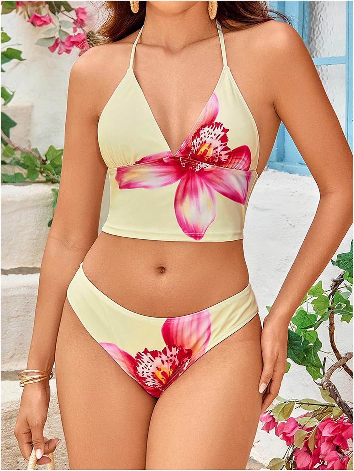 Floerns Women's Floral Print Halter Neck Tankini Top Two Piece Bathing Swimsuit