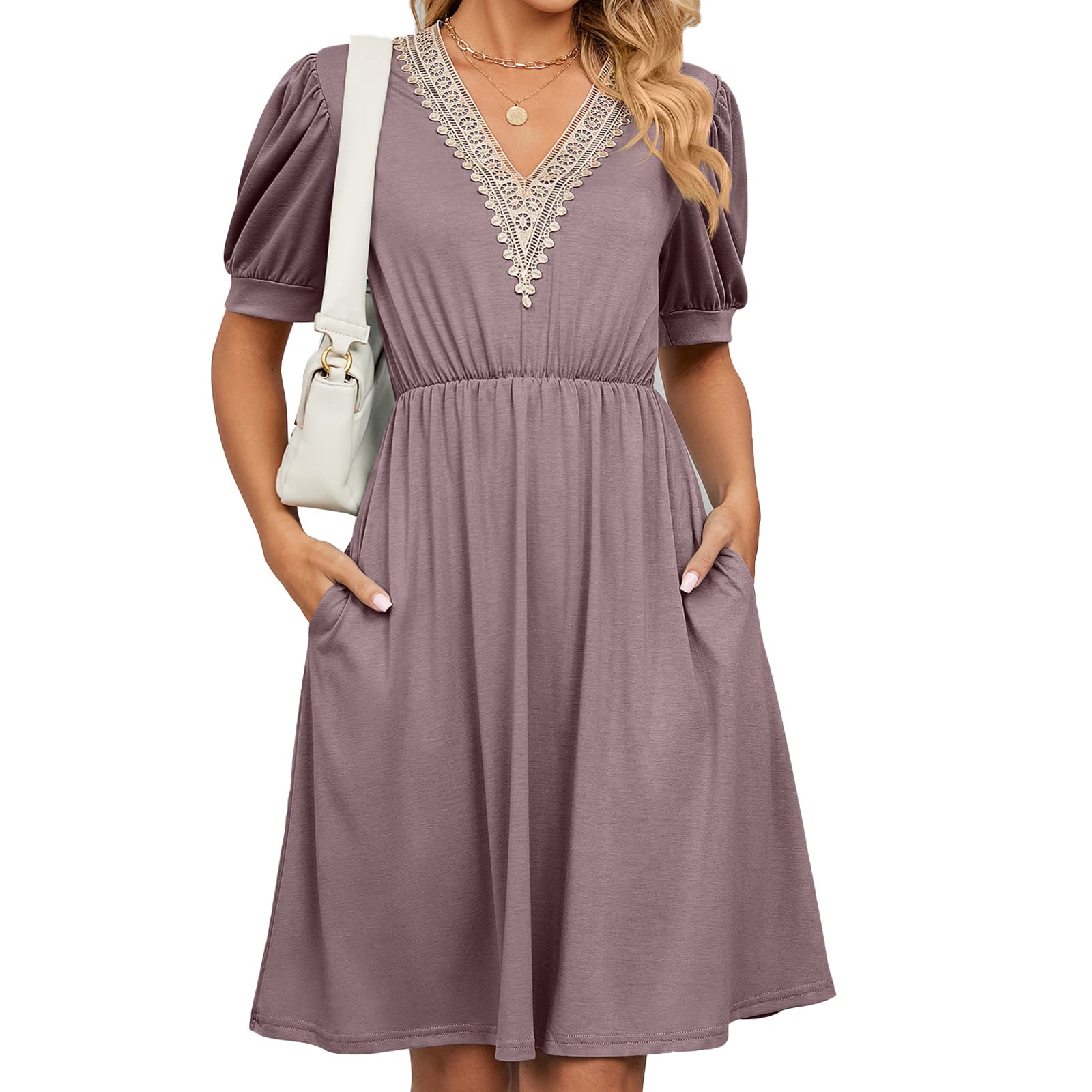 HANERDUN Kleider Damen Boho Kurzarm Sommerkleid Hohe Taille Freizeitkleid mit V-Ausschnitt