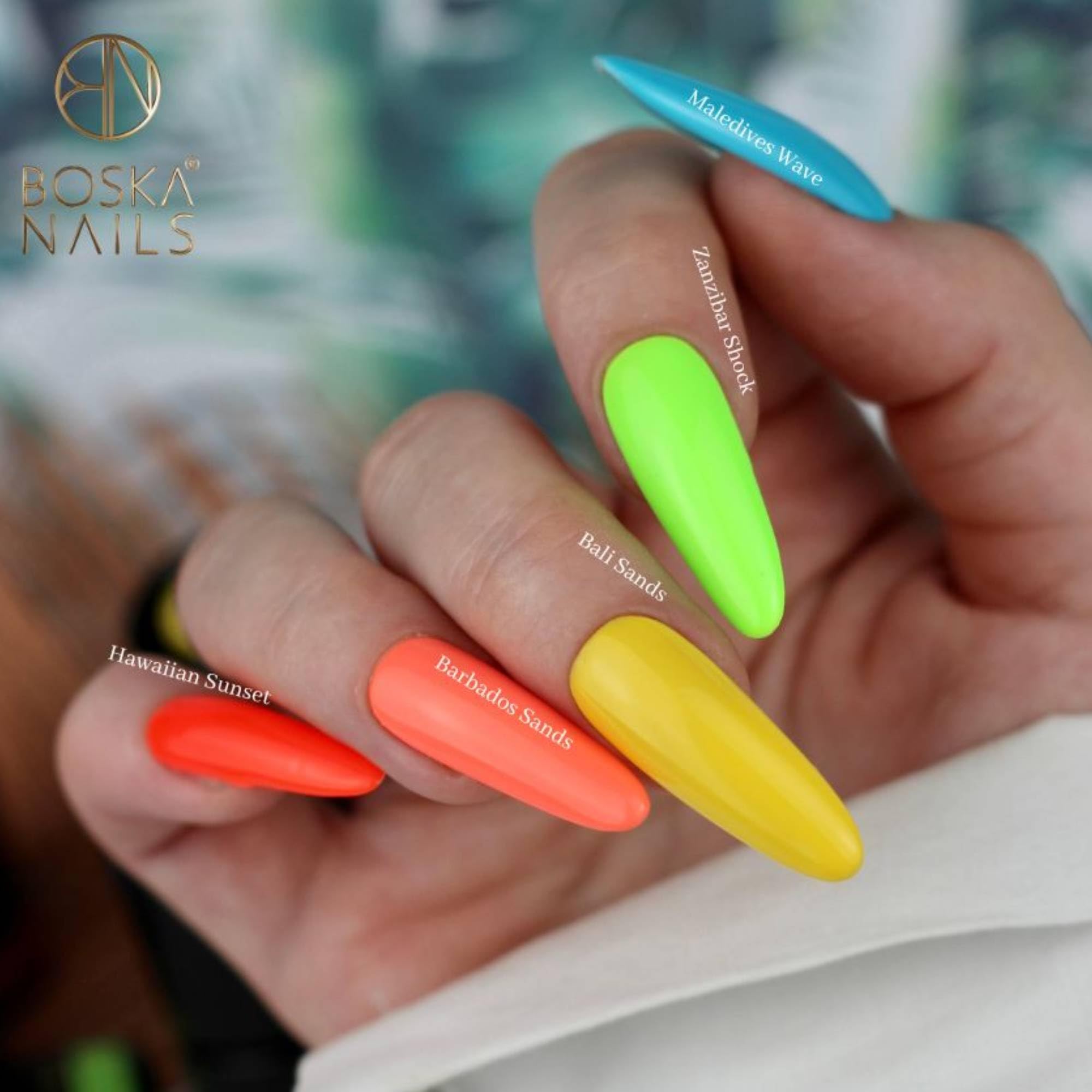 Boska Nails Island Paradise Colección de esmaltes híbridos 8 colores neón y pastel manicura veraniega duración hasta 3 semanas pincel profesional frascos de 6 ml