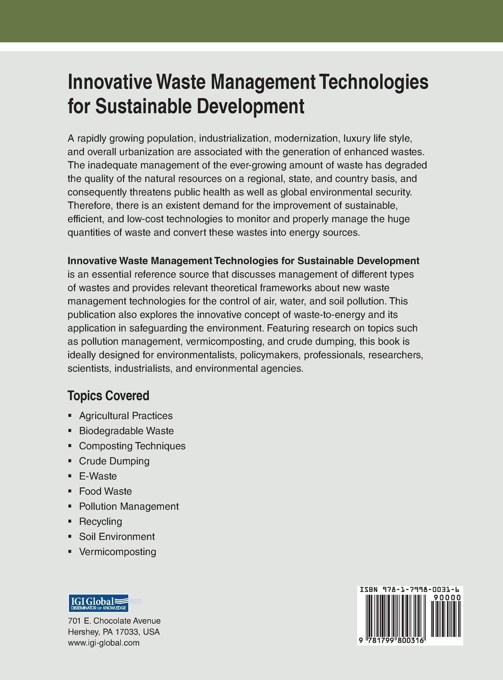 Innovative Waste Management Technologies for Sustainable Development (Practice, Progress, and Proficiency in Sustainability)