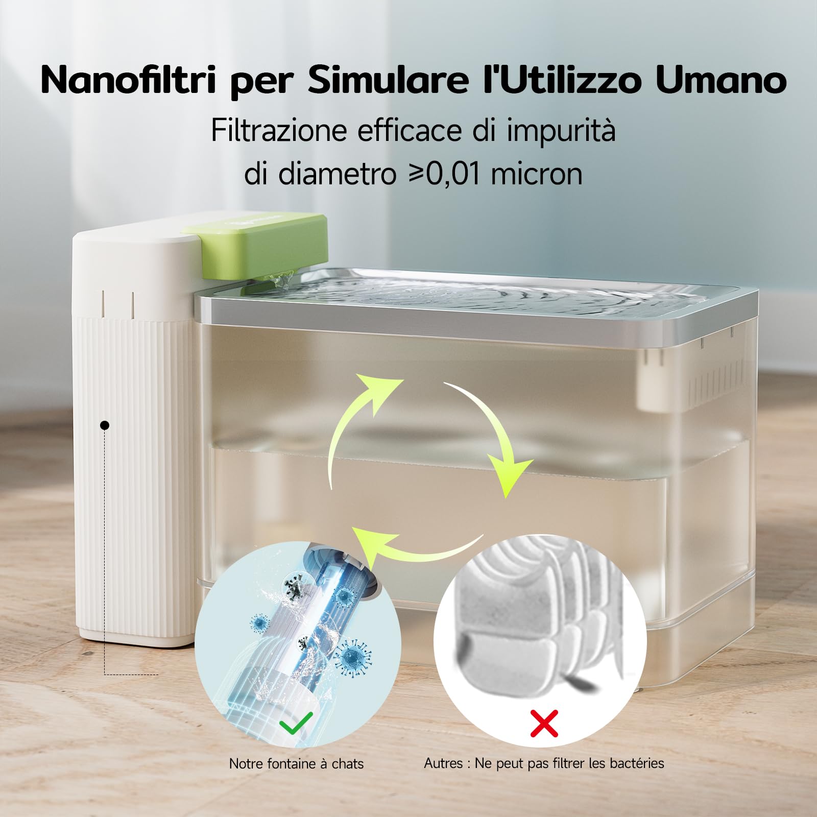 Amicura A3lite Fontanella per Gatti Ultrafiltrata, 3.3L Capacità, Disco in Acciaio 316, Filtrazione Tripla, Ultra Silenziosa (<25dB), Modalità Touch Cascata/Energia, Avviso di Mancanza d'Acqua -Bianco