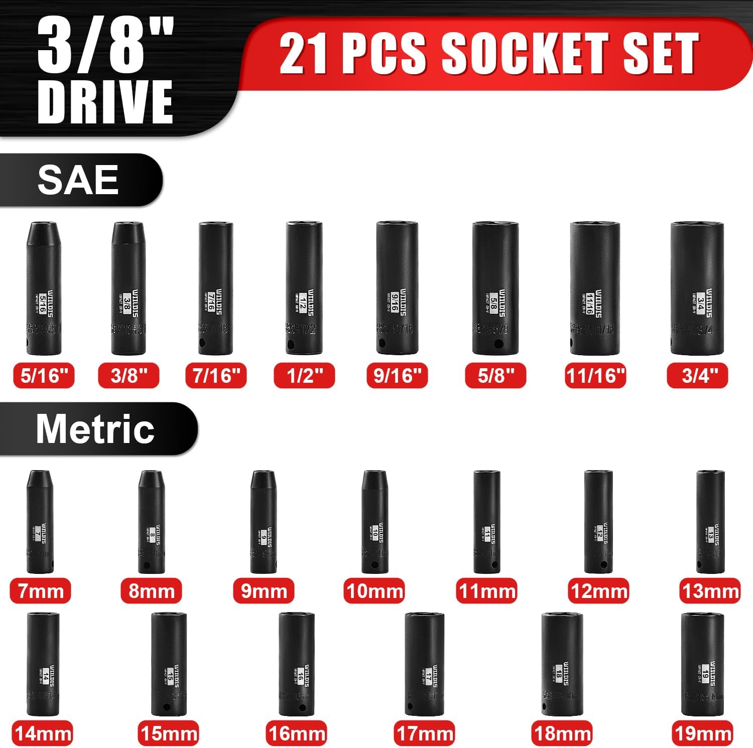 WIILDIS 21 Pieces 3/8" Drive Deep Impact Socket Set, Standard SAE (5/16"to 3/4") & Metric (7mm to 19mm), 6 Point Design, Deep, Premium Cr-V Steel