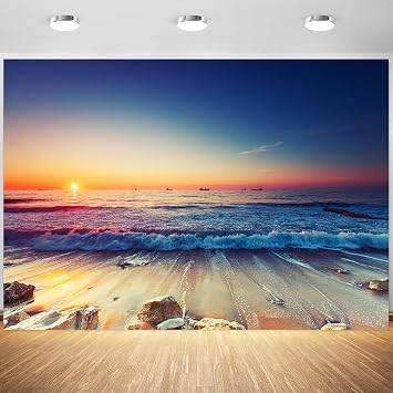7x5ft Seaside Sunset Backdrop Summer Sea Beach Ocean Wave Photography Background Hawaiian Luau Birthday Party Wedding Honeymoon Travel Decorations Banner Photo Studio Props